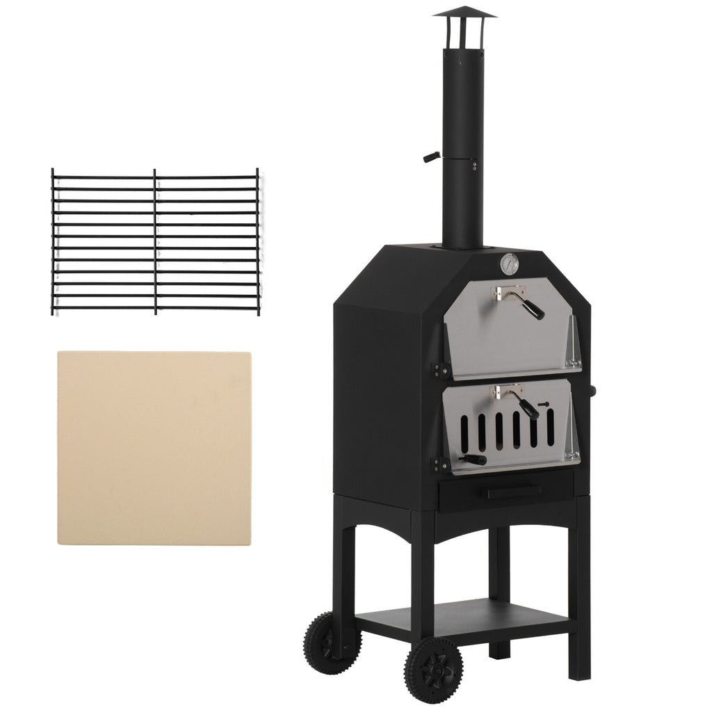 Outsunny Outdoor Garden Pizza Oven Charcoal BBQ Grill 3-Tier Freestanding w/Chimney, Mesh Shelf, Thermometer Handles, Wheels Garden Party Gathering - Inspirely