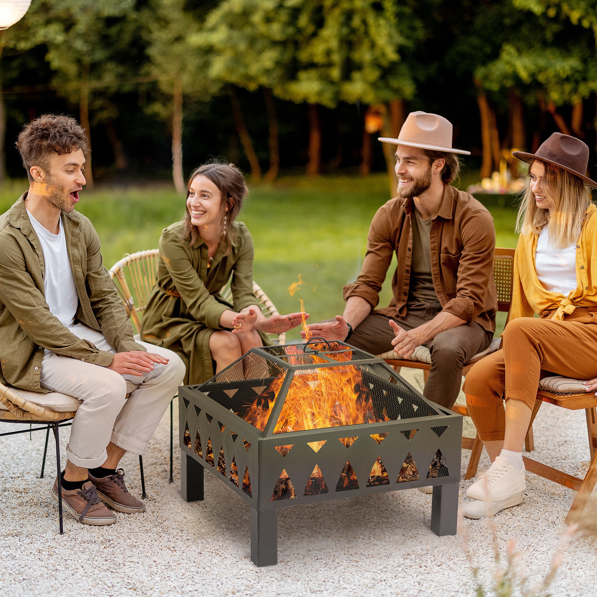 Outsunny Outdoor Fire Pit with Screen Cover, Wood Burner, Log Burning Bowl with Poker for Patio, Backyard, Black - Inspirely