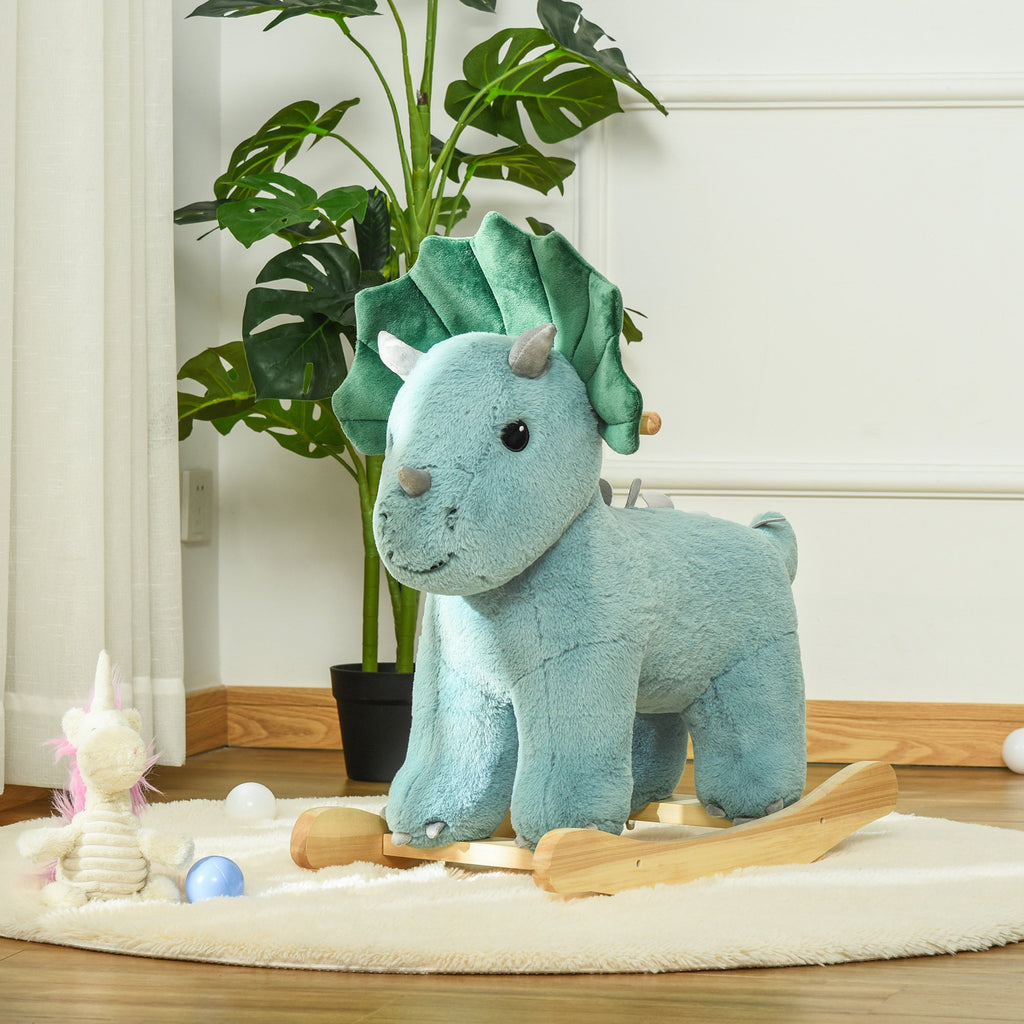 HOMCOM Kids Plush Ride-On Rocking Horse Triceratops-shaped Plush Toy Rocker with Realistic Sounds for Child 36-72 Months Dark Green - Inspirely