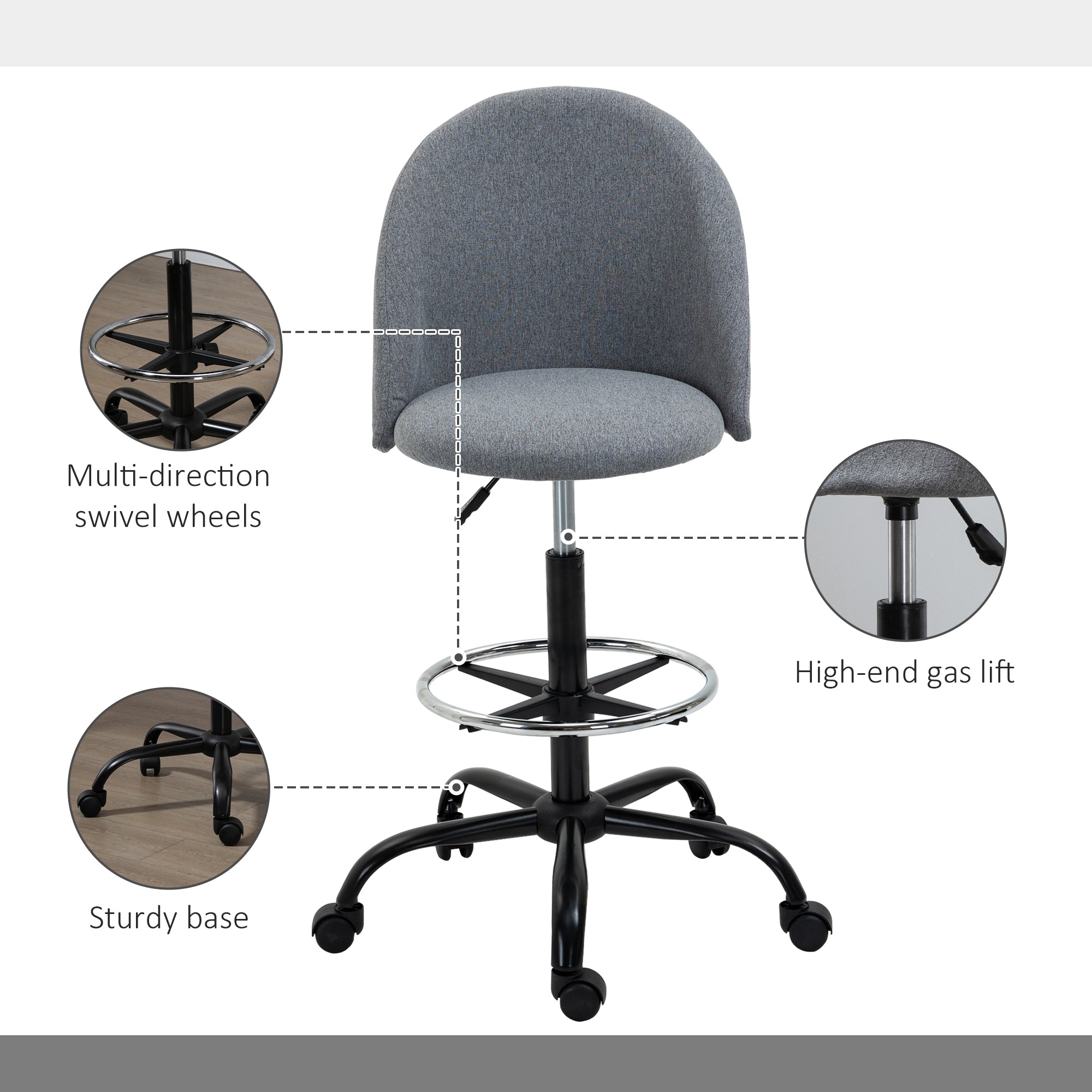 Vinsetto Ergonomic Drafting chair Adjustable Height w/ 5 Wheels Padded Seat Footrest 360° Swivel Freely Comfortable Versatile Use For Home Office - Inspirely