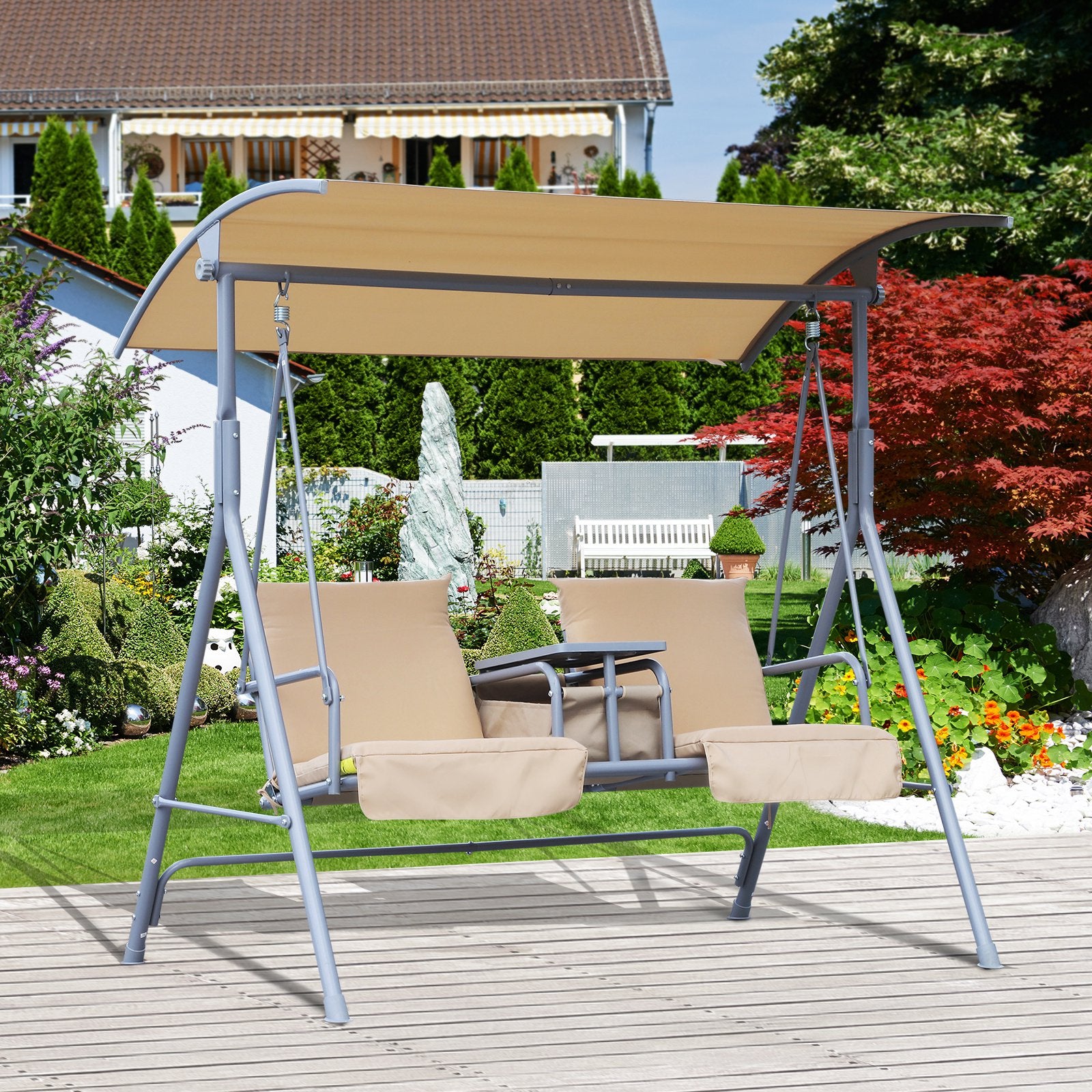 Outsunny 2 Seater Garden Swing Chair Patio Rocking Bench w/ Tilting Canopy, Double Padded Seats, Storage Bag and Tray, Beige - Inspirely
