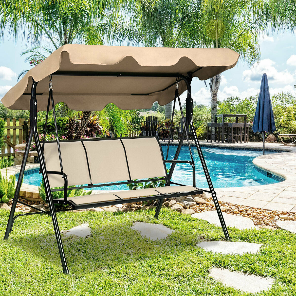 3 Seater Garden Swing Chair with Adjustable Canopy-Brown