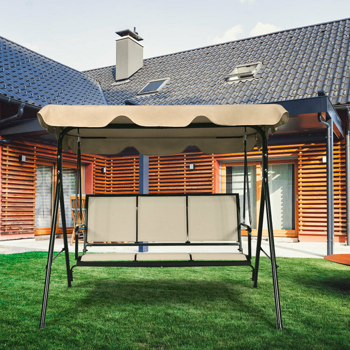 3 Seater Garden Swing Chair with Adjustable Canopy-Brown