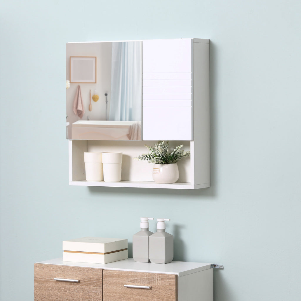 kleankin Bathroom Mirror Cabinet, Wall Mount Storage Cabinet with Double Door, Adjustable Shelf, 54cm x 15cm x 55cm, White - Inspirely