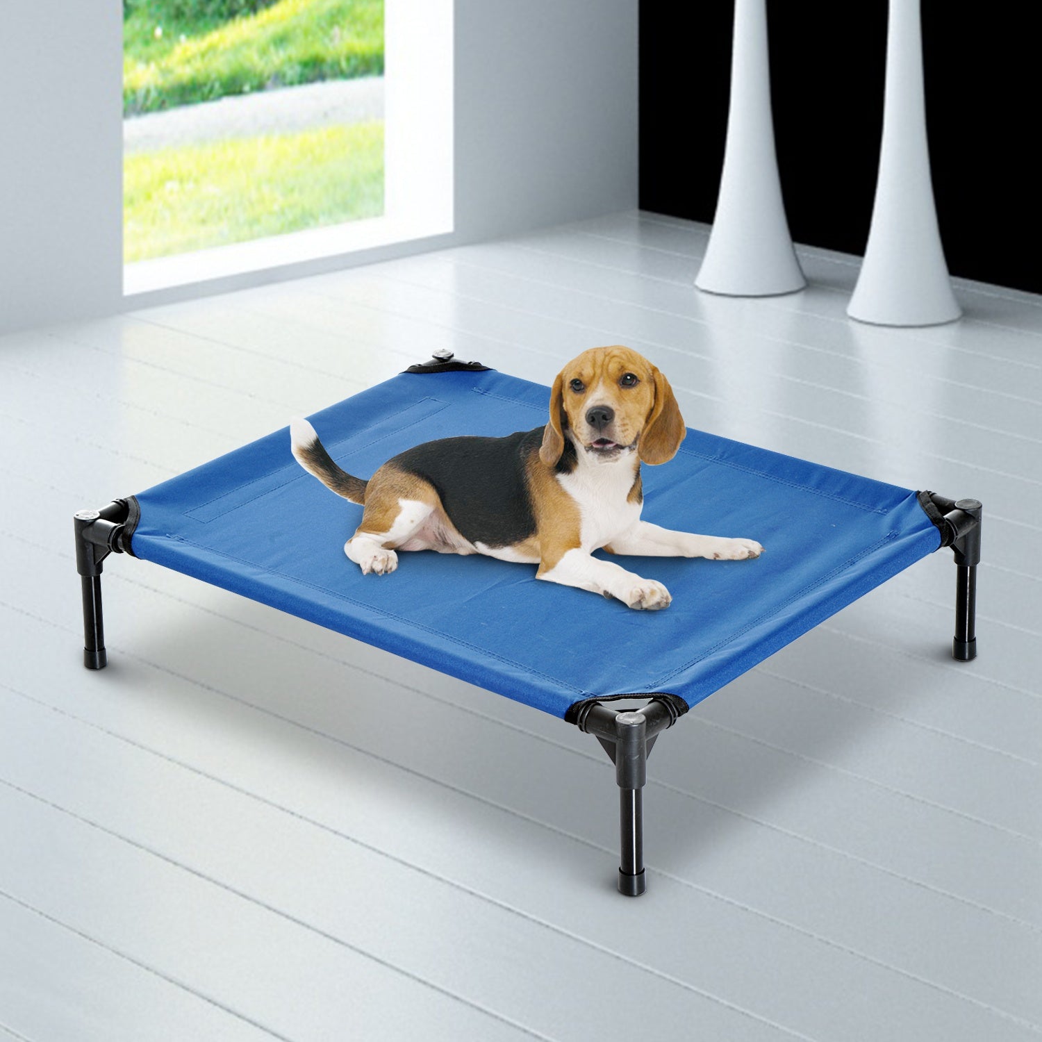 PawHut Elevated Pet Bed Portable Camping Raised Dog Bed w/ Metal Frame Blue (Medium) - Inspirely