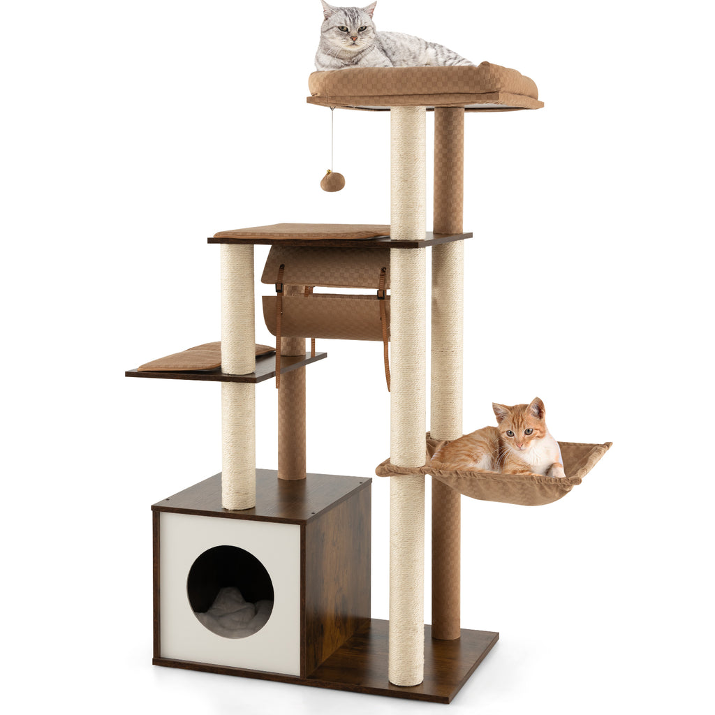 127cm Wood Cat Tree with Hammock and Swing Tunnel-Brown