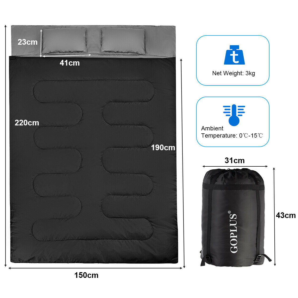 Double Sleeping Bag Extra Large Waterproof with Carrying Bag-Black