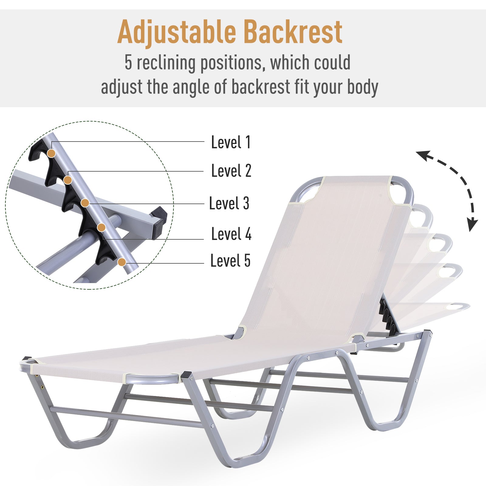 Outsunny Sun Lounger Relaxer Recliner with 5-Position Adjustable Backrest Lightweight Frame for Pool or Sun Bathing Cream White - Inspirely