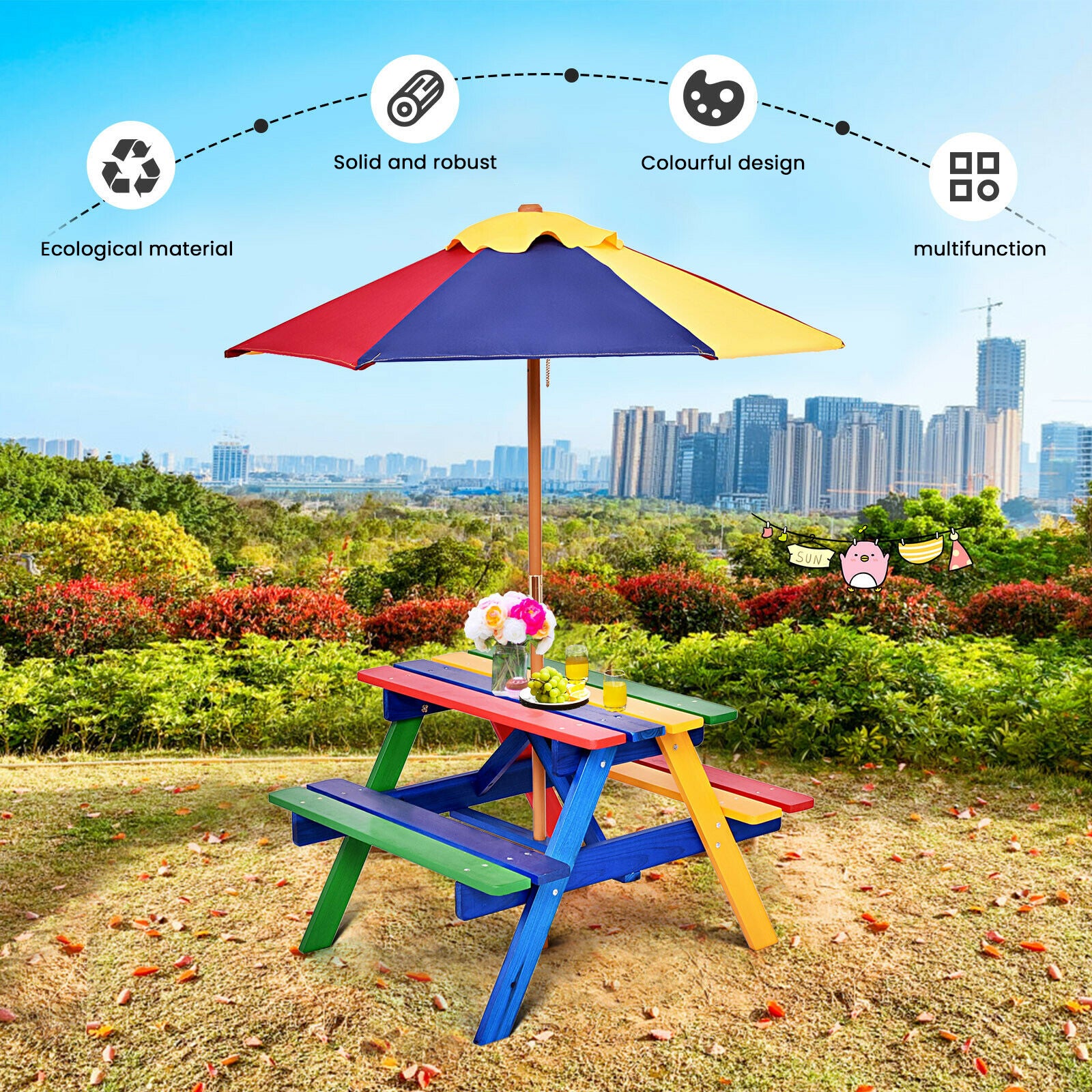 Children's Wooden Picnic Bench with Parasol
