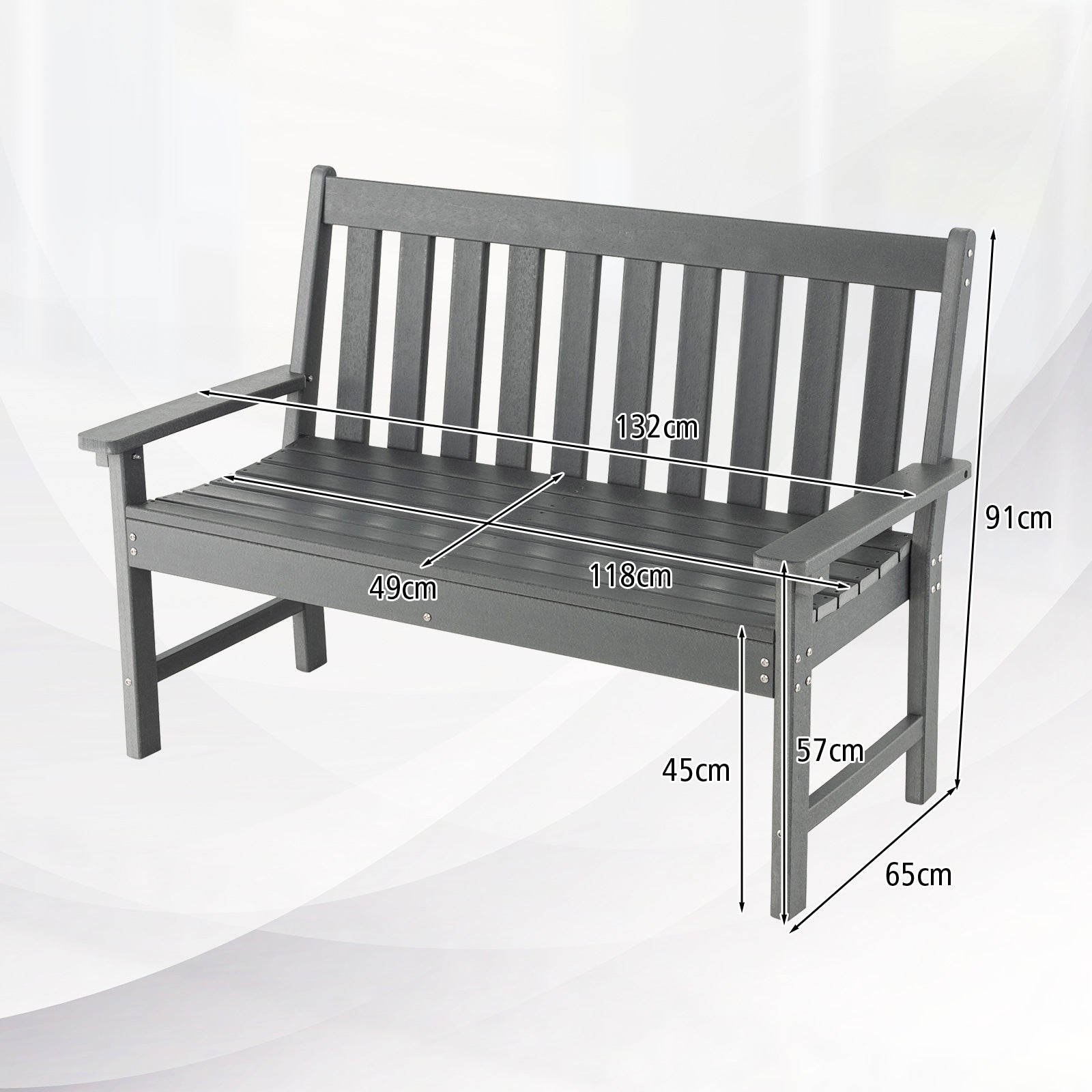 132 CM All-Weather HDPE Garden Bench with Backrest and Armrests-Grey