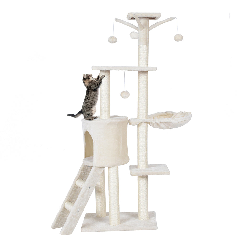 140cm Cat Tree Climbing Tower with Scratching Sisal Posts-Beige