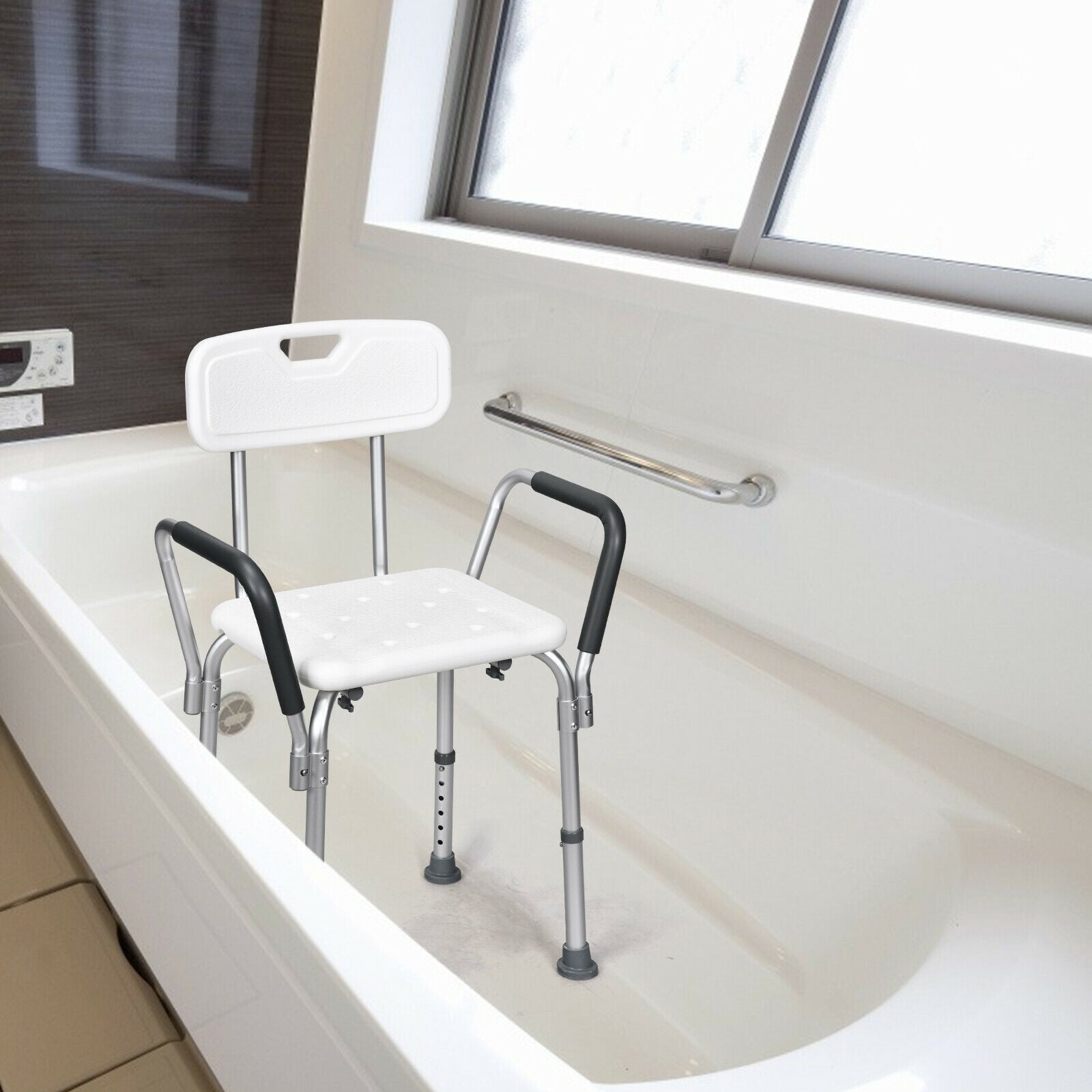 Adjustable Height Bath / Shower Chair with Removable Back and Armrests
