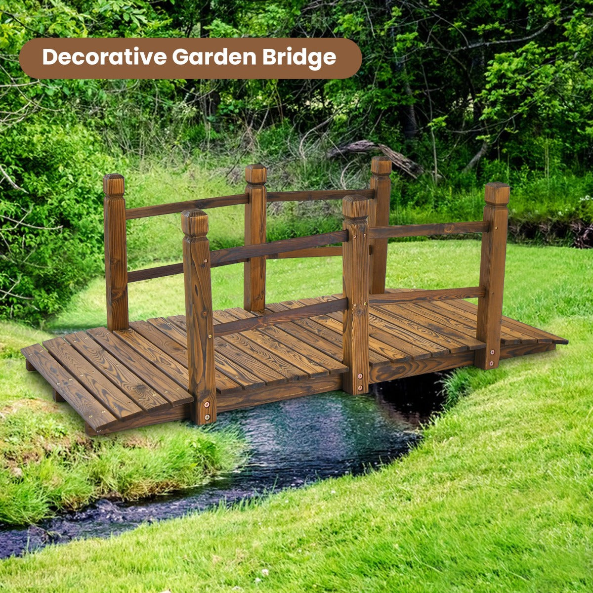 150 cm Wooden Garden Bridge with Double Safety Rails for Backyard Gravel Road-Brown