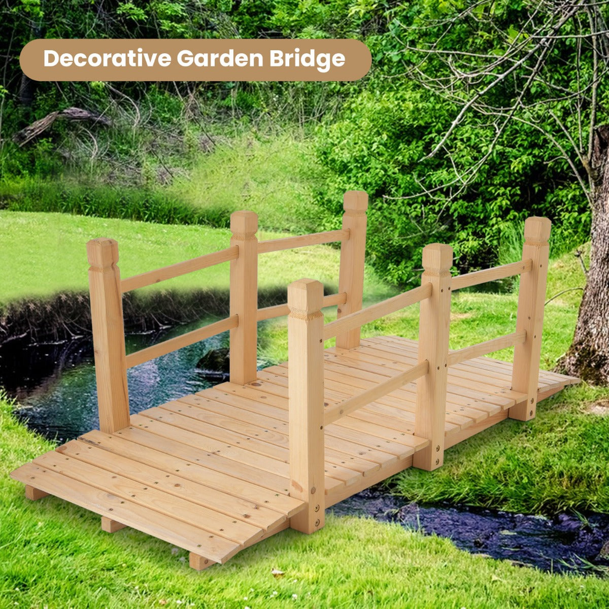 150 cm Wooden Garden Bridge with Double Safety Rails for Backyard Gravel Road-Natural