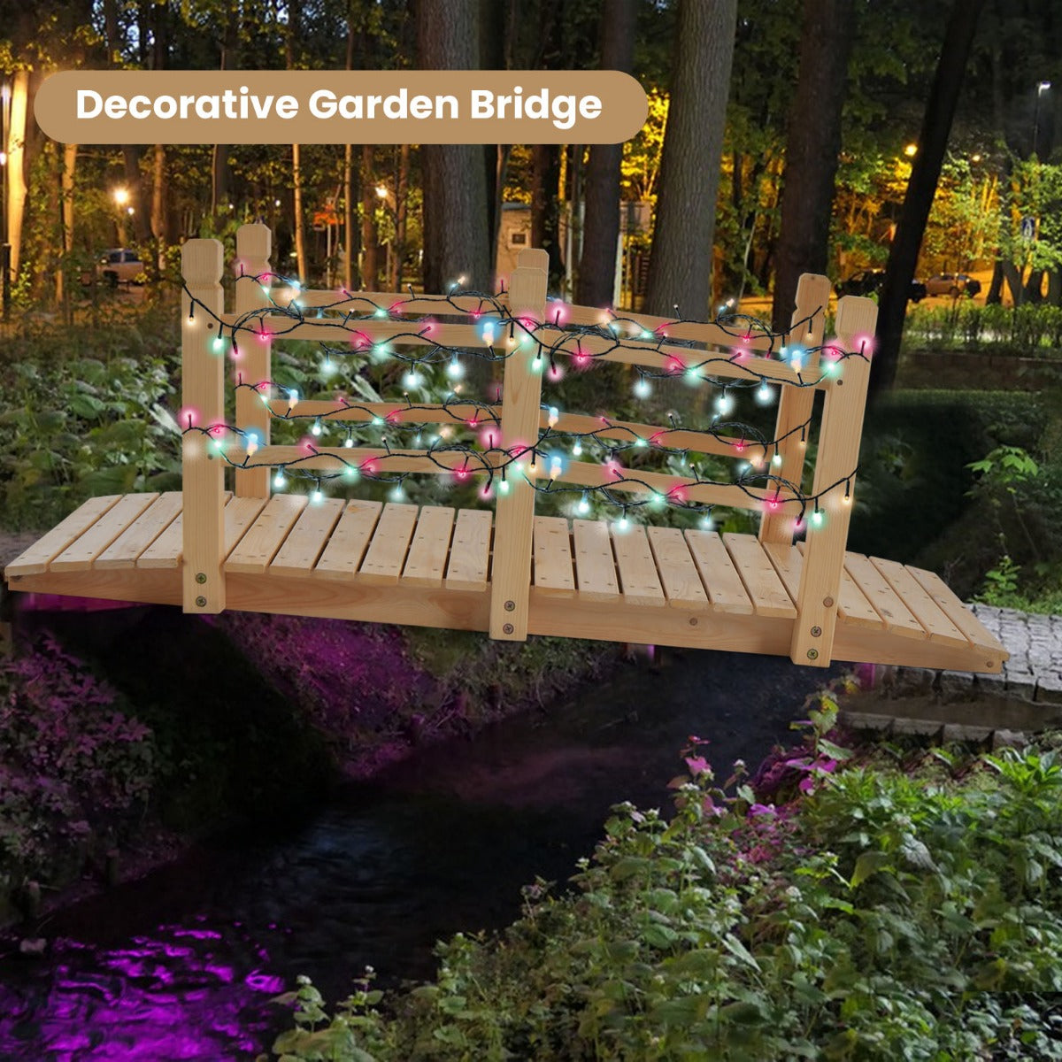 150 cm Wooden Garden Bridge with Double Safety Rails for Backyard Gravel Road-Natural