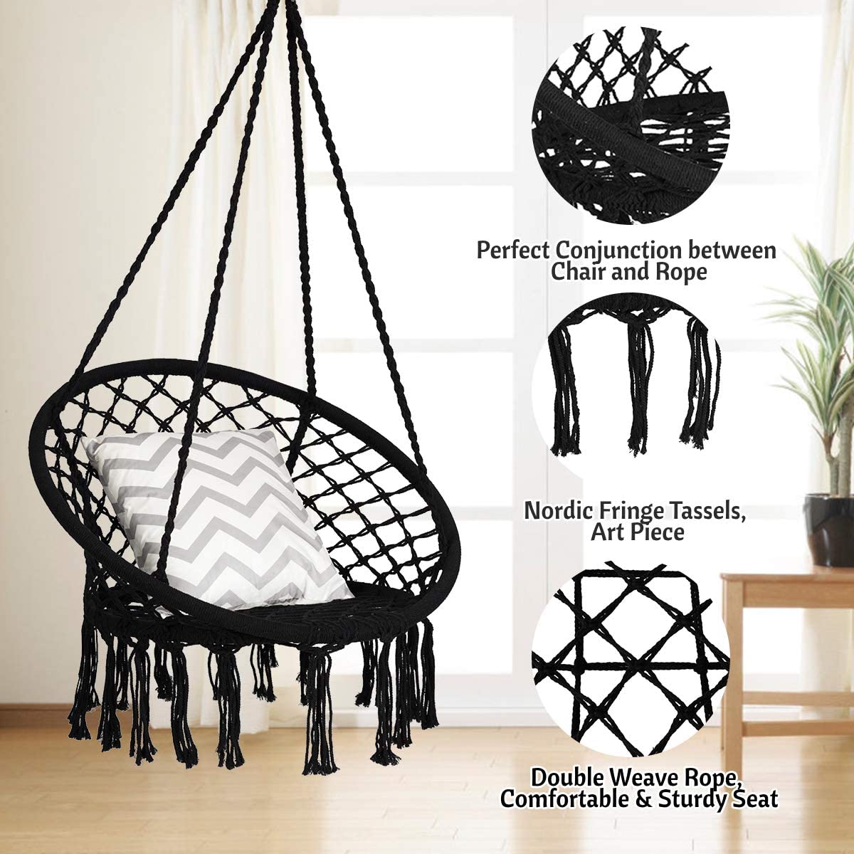 Hammock Swing Chair with Metal Rings (Stand not Included)-Black