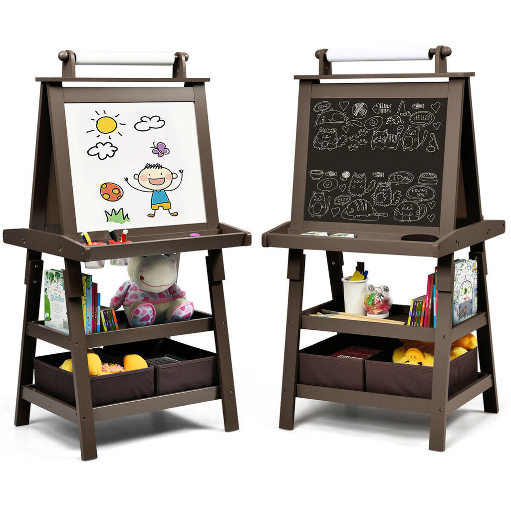 Children's Double-Sided Art Easel with Paper Roll-Brown