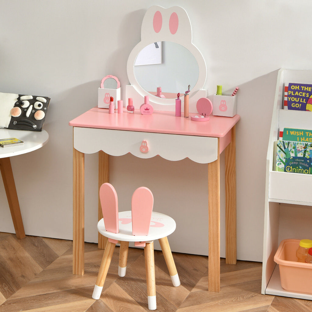 Kids Vanity Table and Chair Pretend Play with Mirror and Drawers-Pink