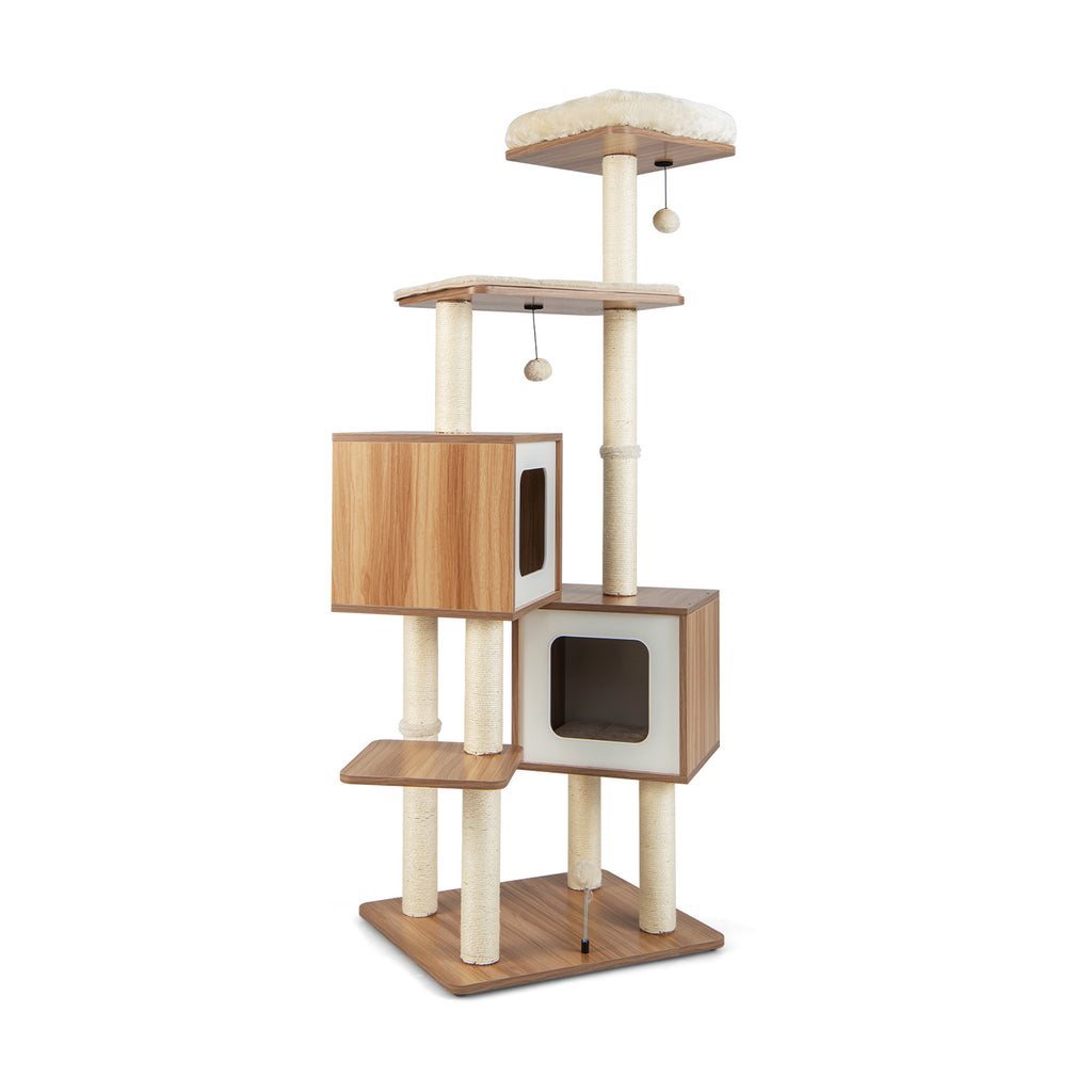 163 CM Tall Modern Wooden Cat Tree with Sisal Scratching Posts and Washable Cushions-Natrual