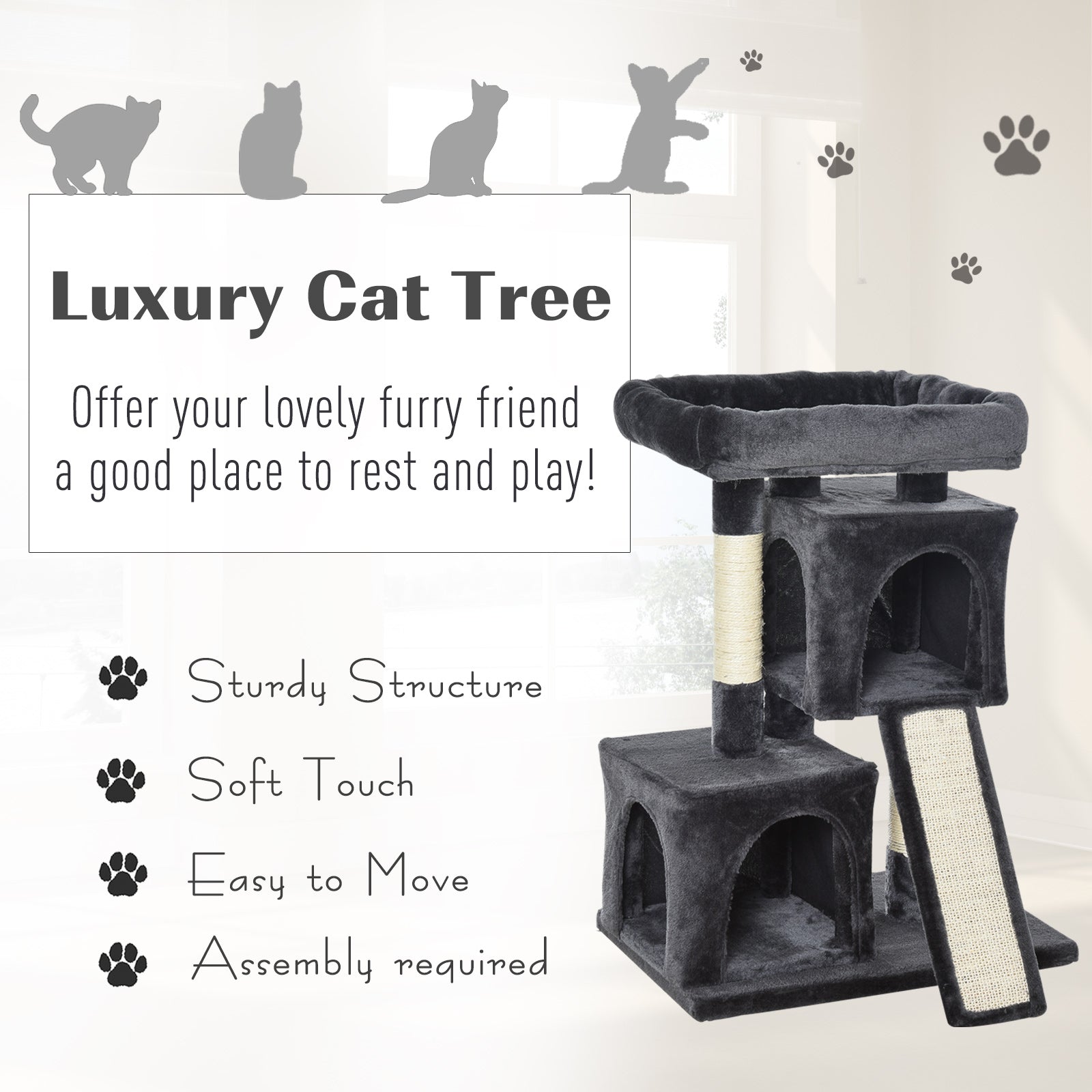 PawHut Cats 3-Tier Sisal Rope Leisure Tree Dark Grey - Inspirely