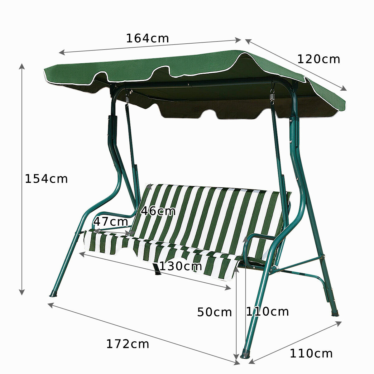 Garden Patio Metal Swing 3 Seater Lounger-Green