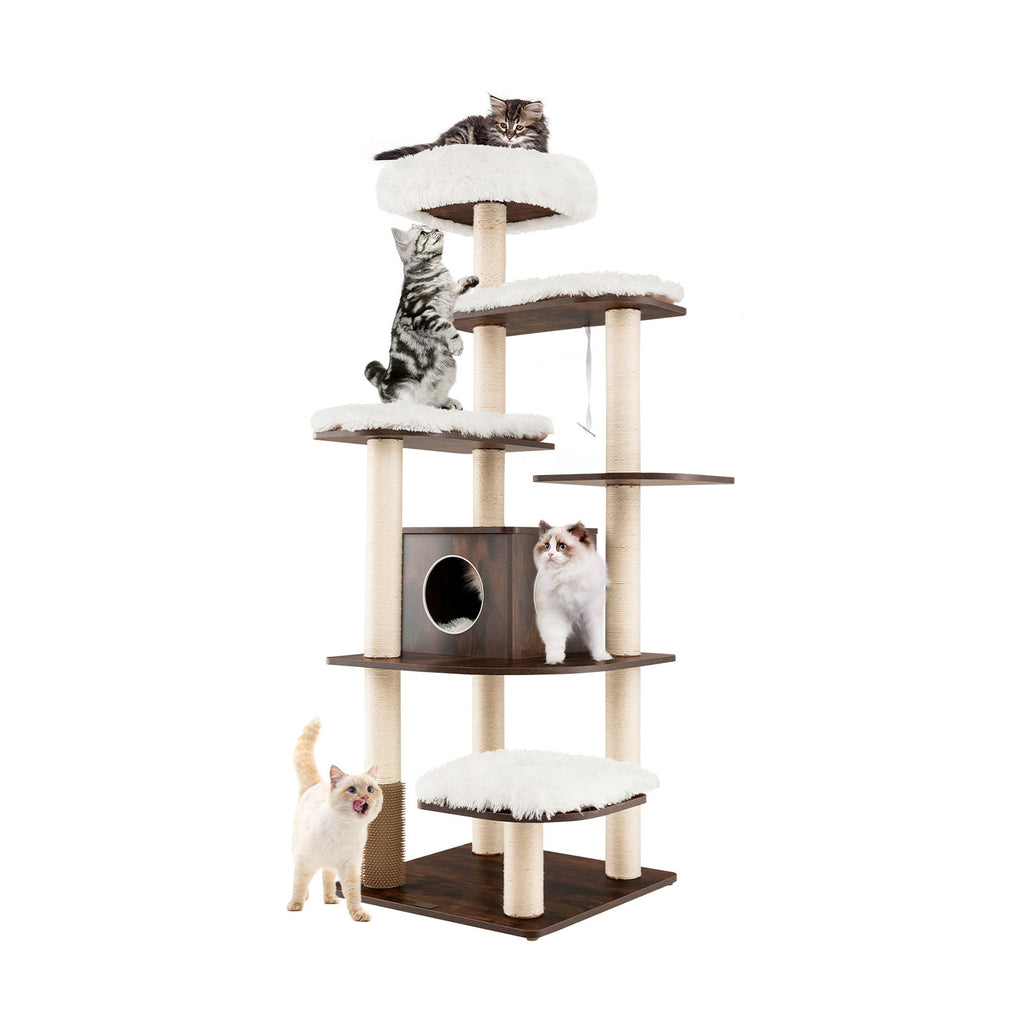 179 cm Tall Wooden Cat Tree with Sisal Scratching Posts-Brown