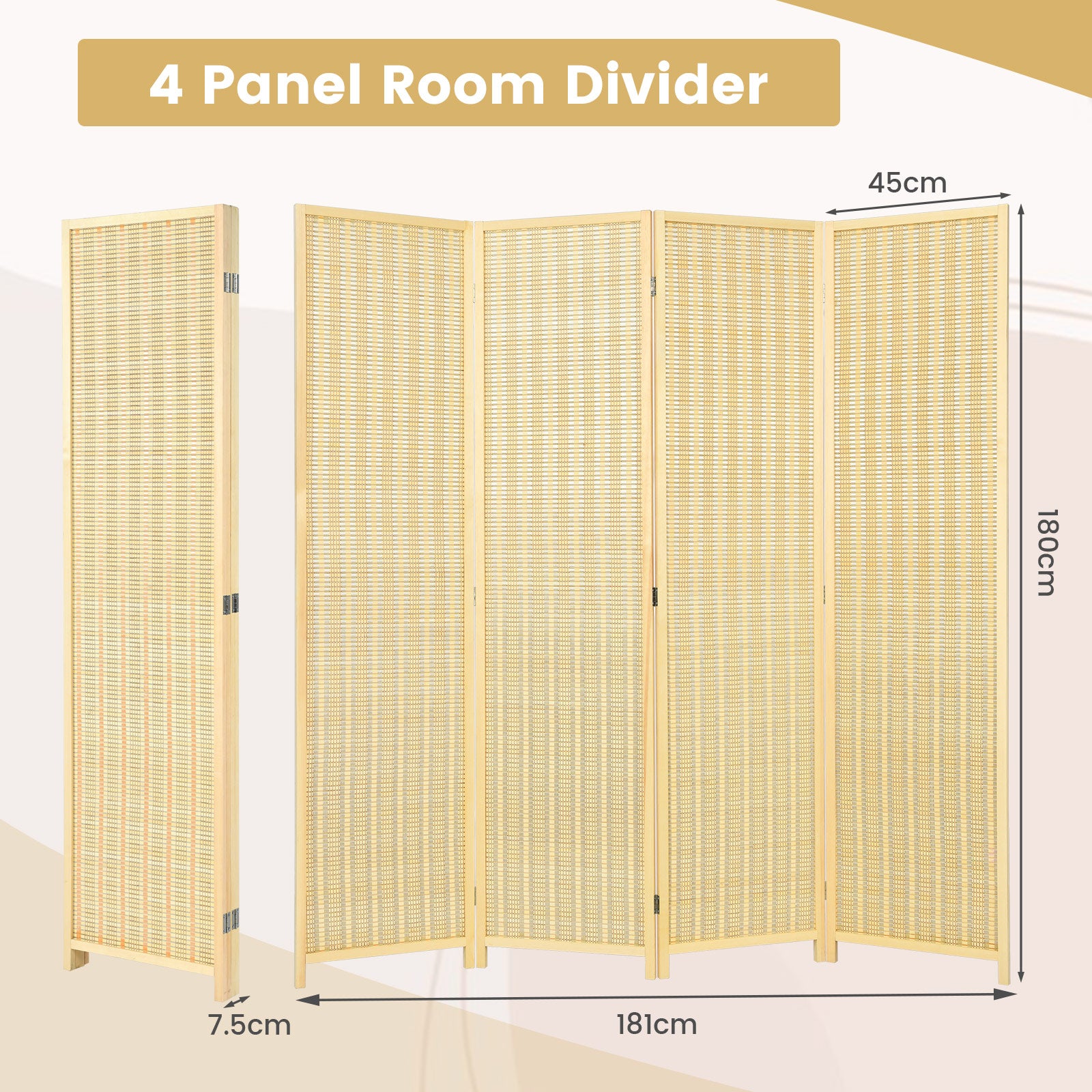 4-Panel Portable Room Divider Screen-Natural