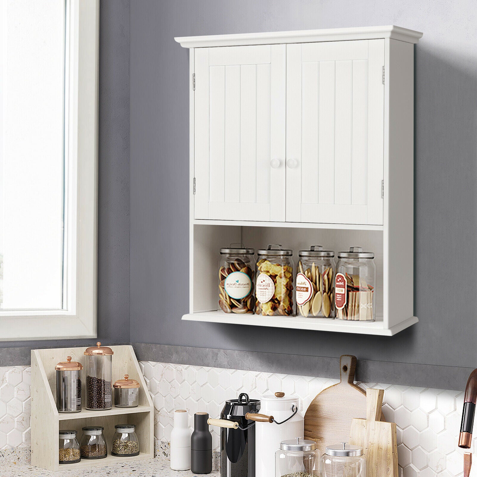 Wall Mounted Bathroom Storage Cabinet with Adjustable Shelf-White