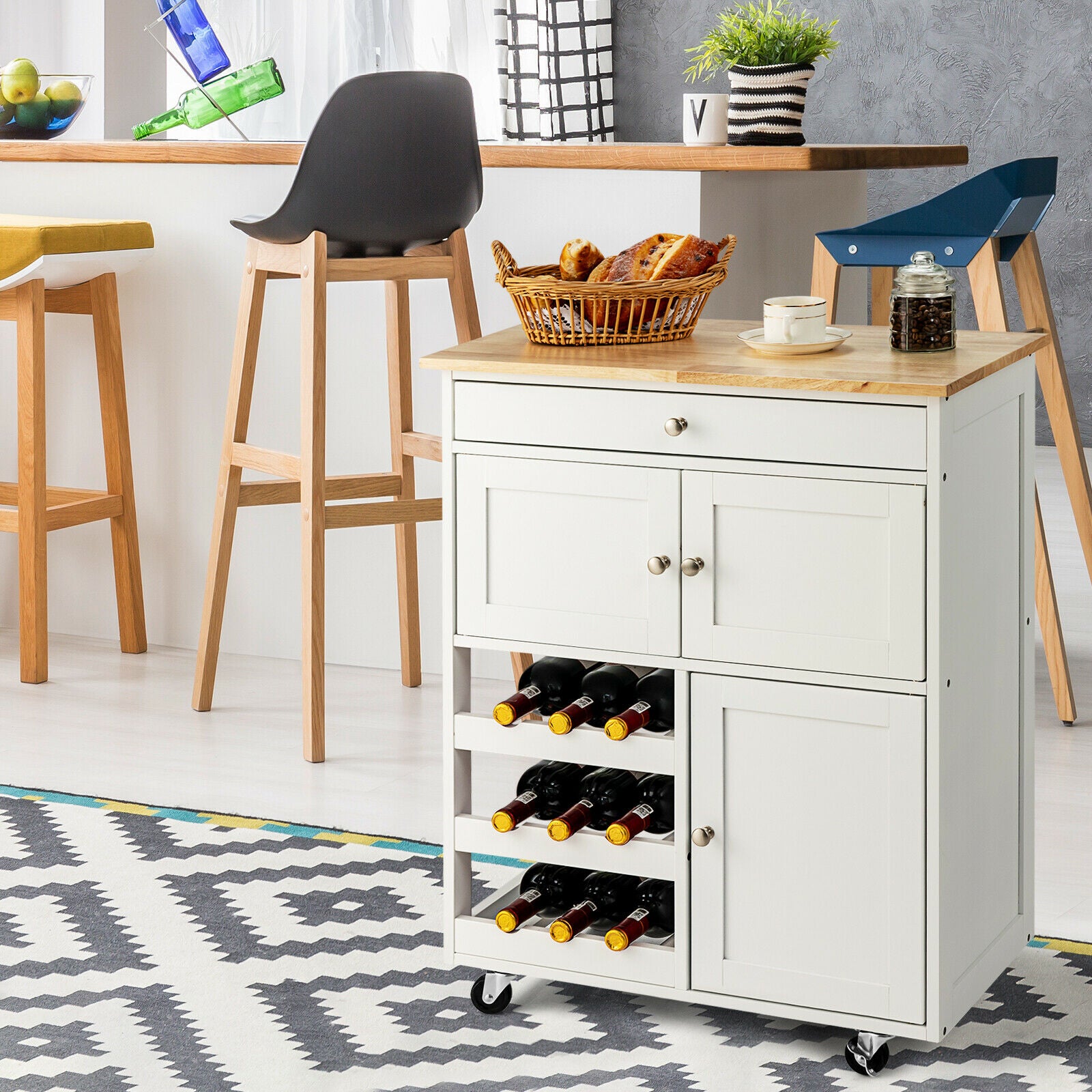 Rolling Kitchen Cart with 3 Tier Wine Racks and Cupboards White
