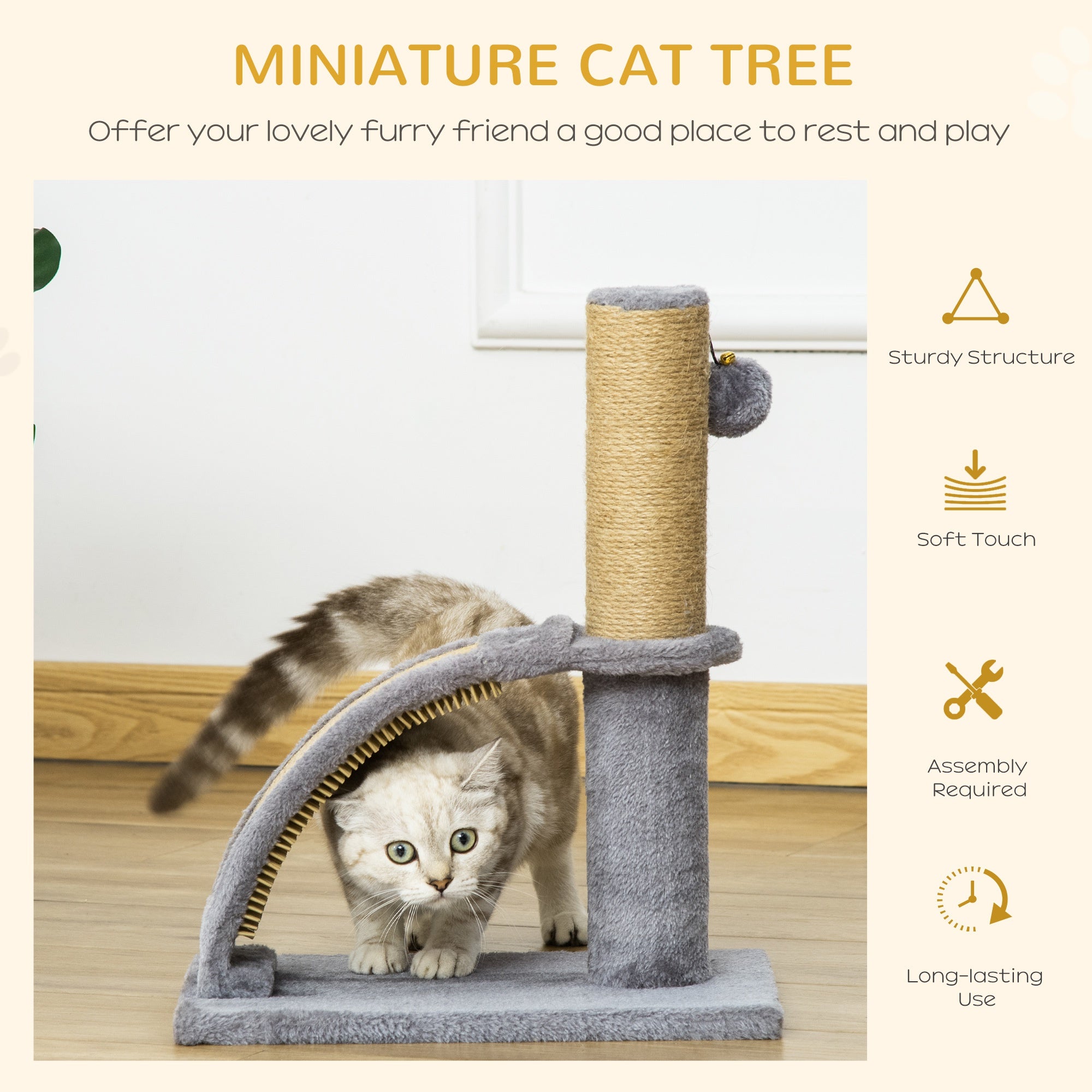 PawHut Cat Tree Tower Climbing Activity Center Kitten Furniture with Jute Post Scratching Massage Board Hanging Ball with Bell 34 x 24 x 43cm Grey - Inspirely