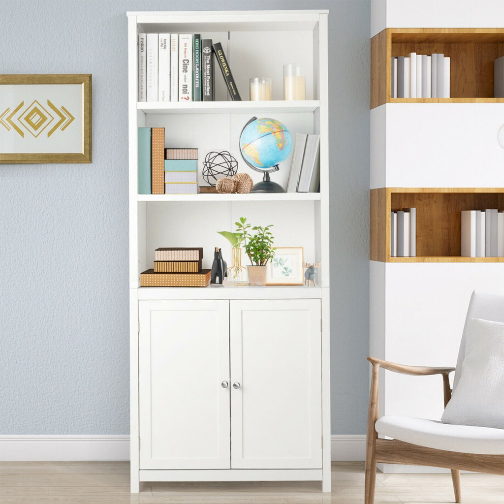 Wooden Tall Bookcase with 3-Tier Storage Cabinet-White