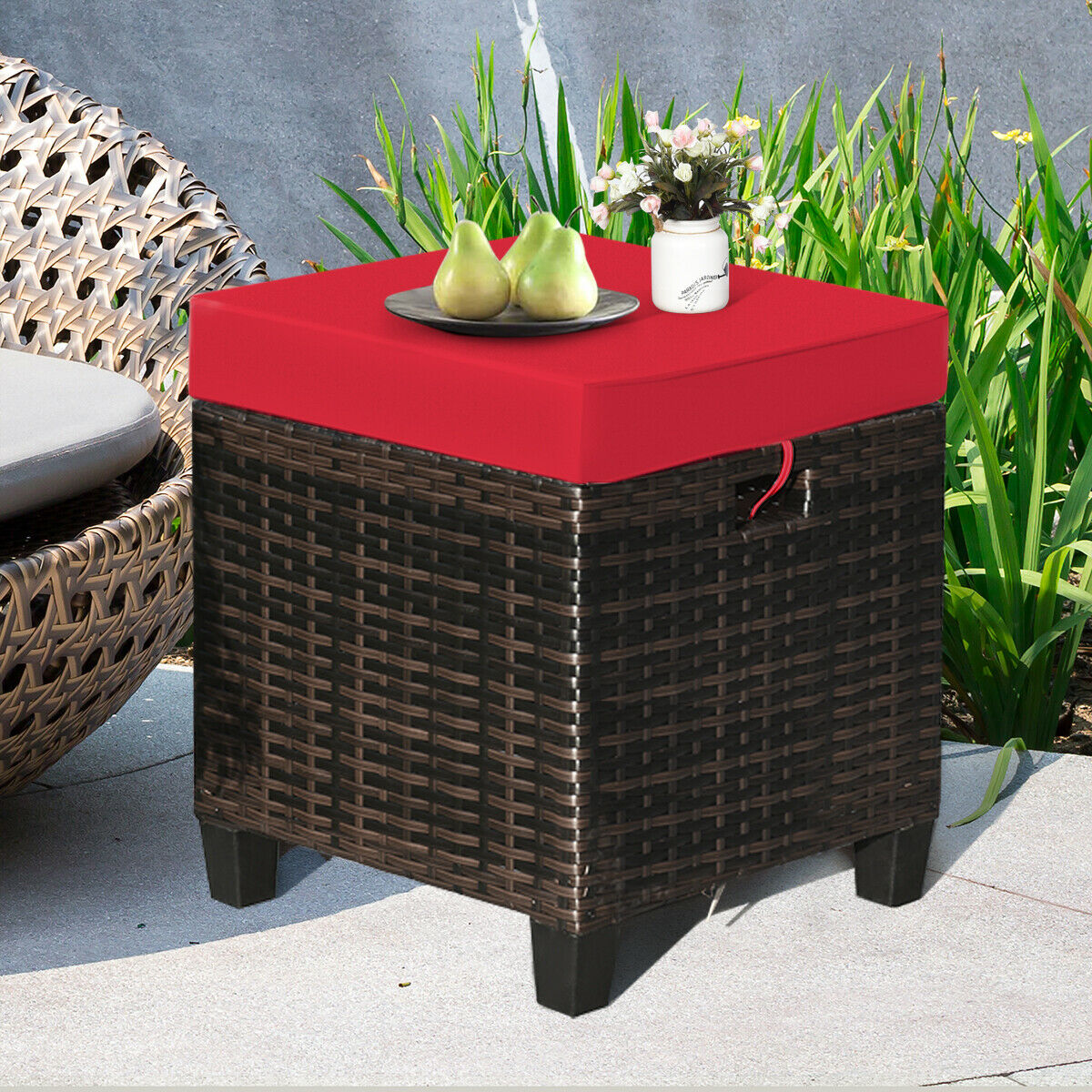 Set of 2 Outdoor Rattan Ottoman Chair Seat with Padded Cushions-Red