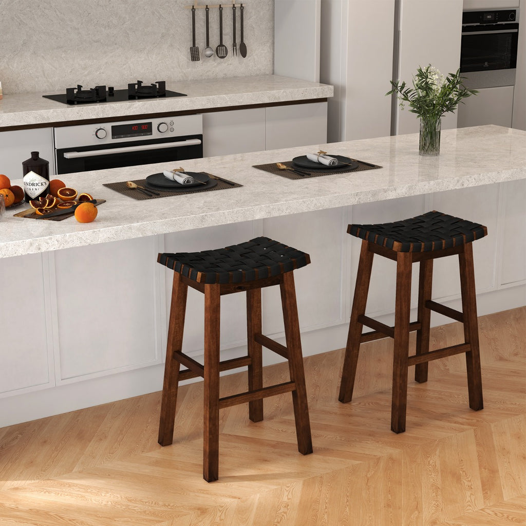 78cm Saddle Barstools with Woven Curved Seat for Kitchen-Black &amp; Brown