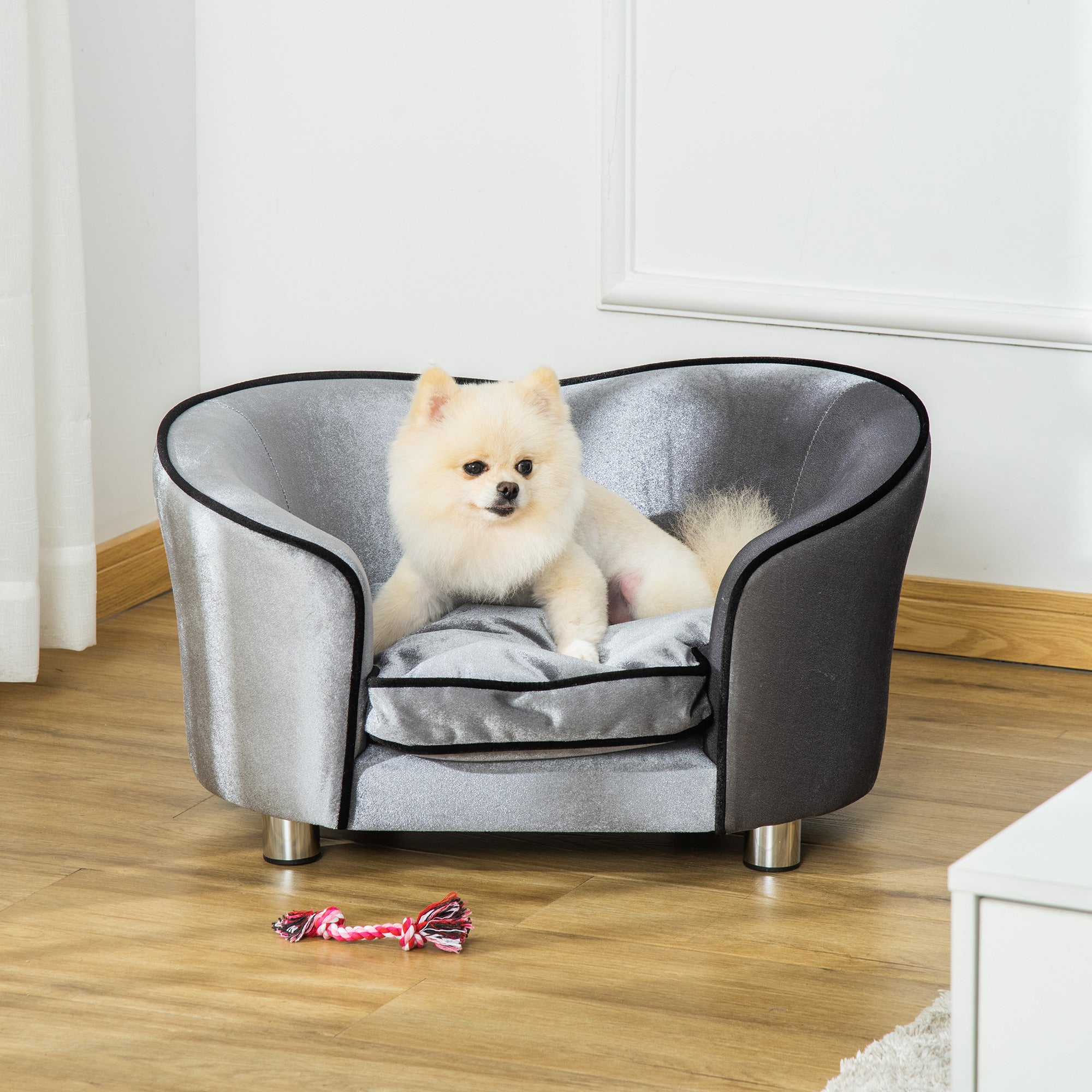PawHut Pet Sofa Couch, Dog Bed, Cat Lounger, with Storage Pocket Removable Cushion Modern Furniture for Small Dogs, 69 x 49 x 38cm, Silver Grey - Inspirely