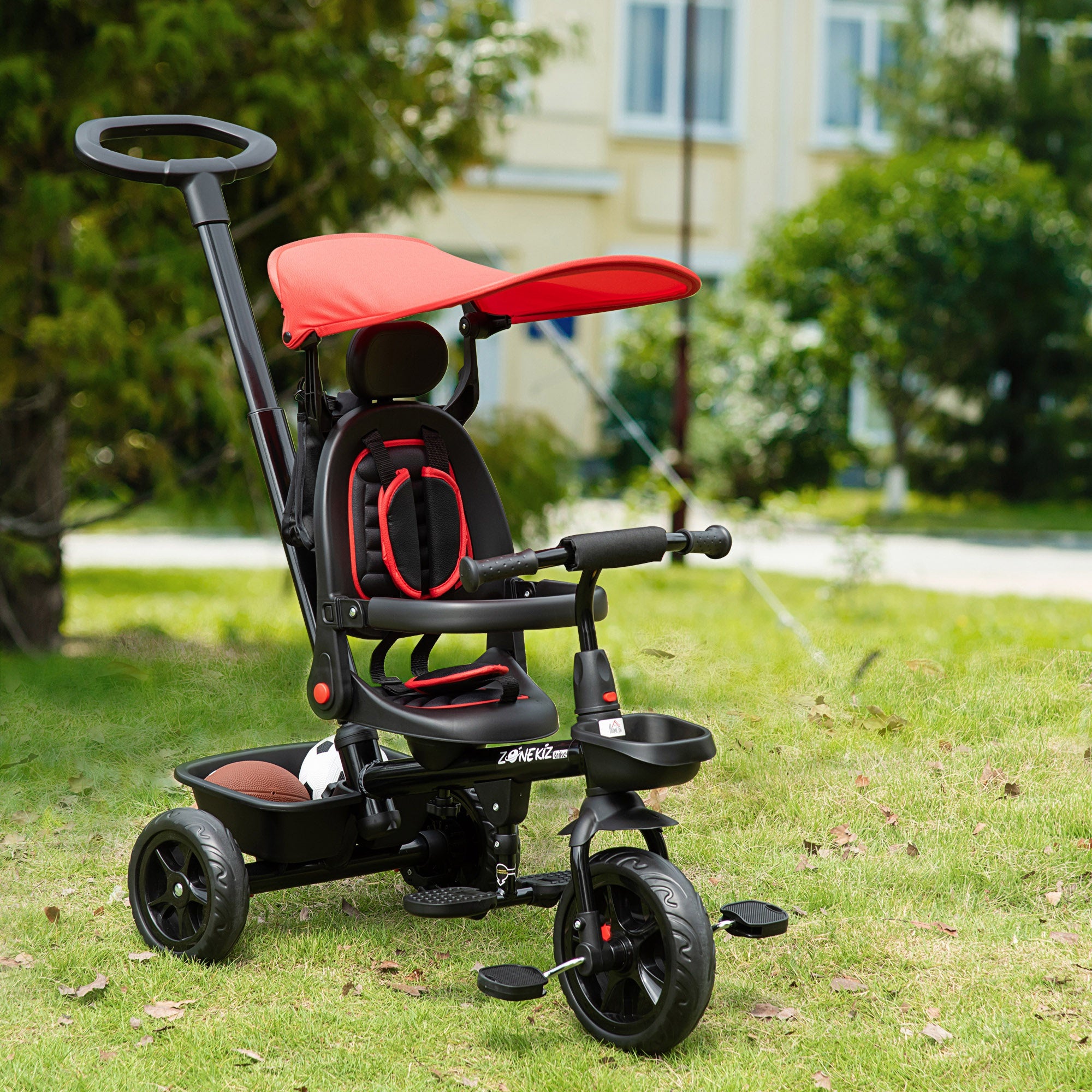 HOMCOM 4 in 1 Baby Tricycle Toddler Stroller Foldable Pedal Tricycle w/ Reversible Angle Adjustable Seat Removable Handle Canopy Handrail Belt-Red - Inspirely