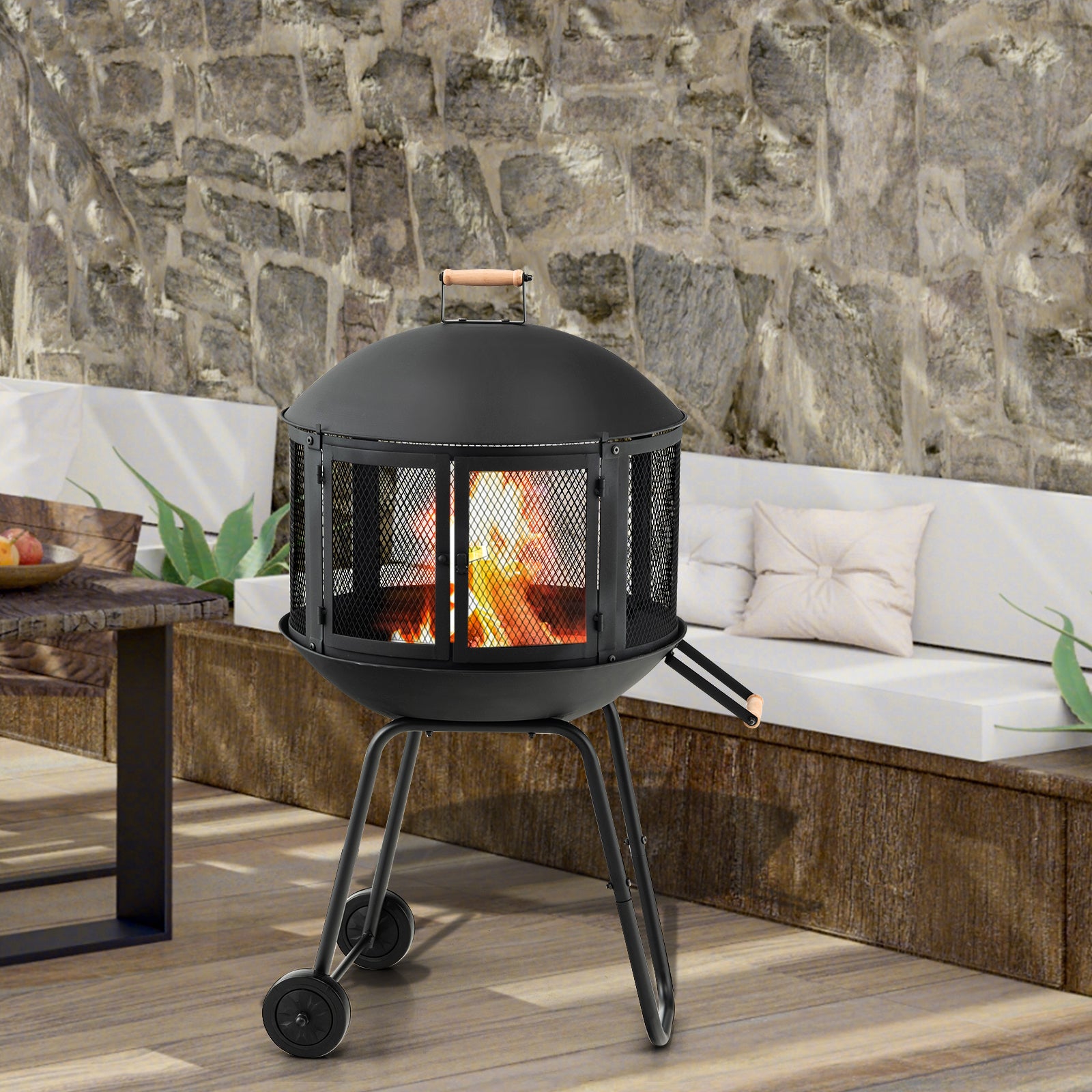 2-in-1 Rolling Patio Fire Pit with Wheels and Handle-Black