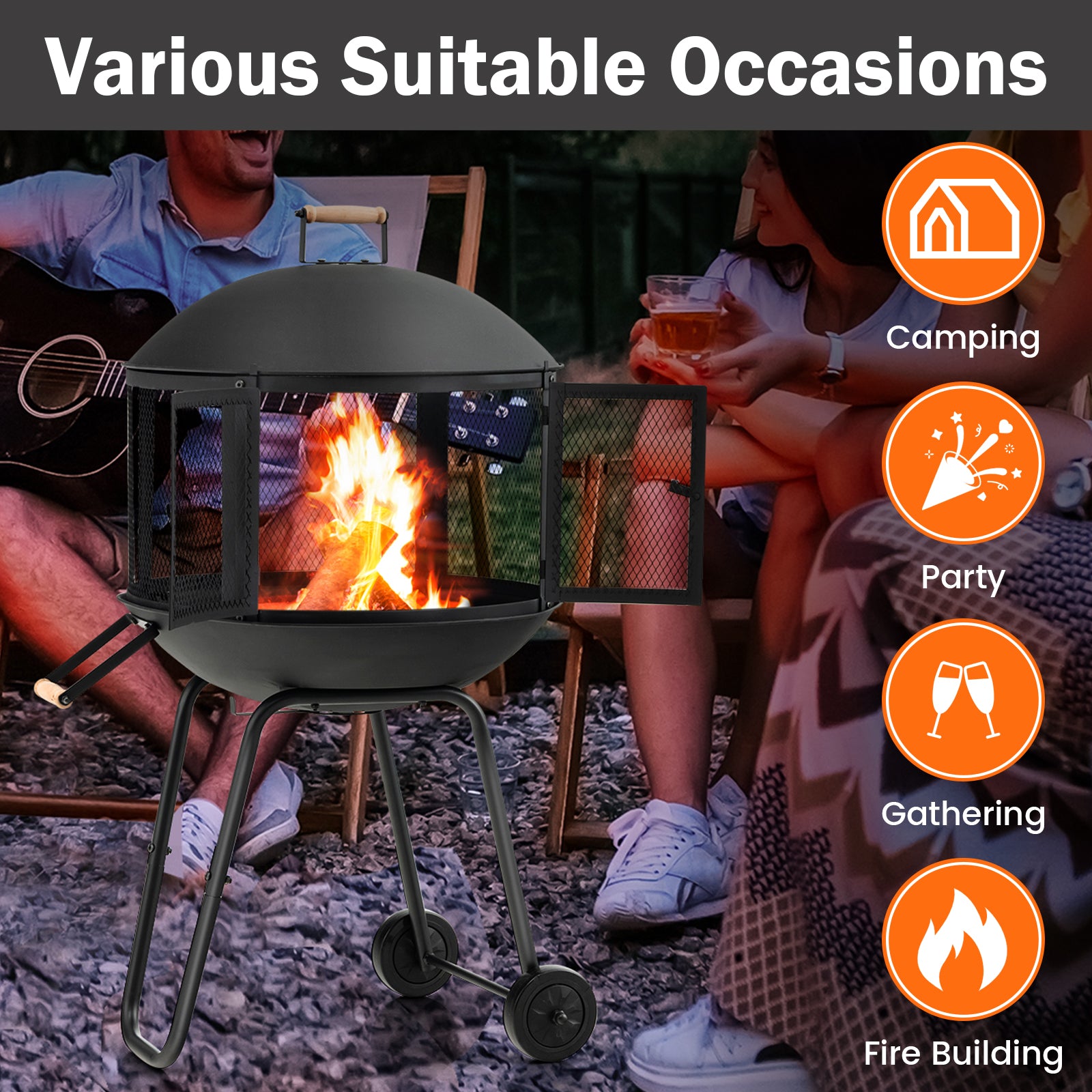 2-in-1 Rolling Patio Fire Pit with Wheels and Handle-Black
