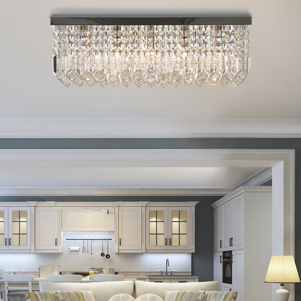 HOMCOM Modern Crystal Ceiling Light Square Crystal Chandelier for Living Room, Dining Room, Hall, E14 Base, Silver, 80 x 25 x 23cm - Inspirely