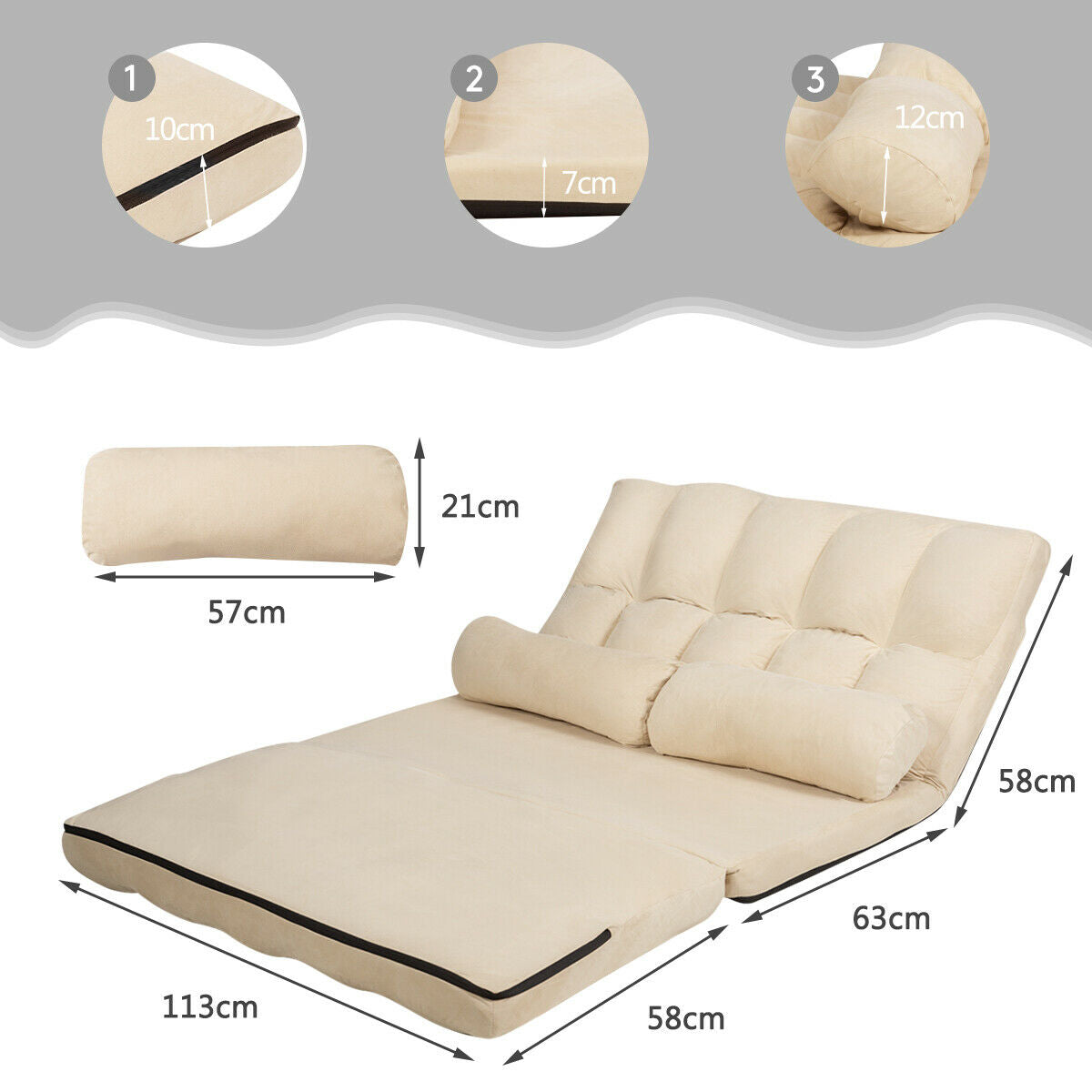 2 in 1 Folding Floor Lazy Sofa Bed with 6 Adjustable Seat Positions and 2 Pillows Beige