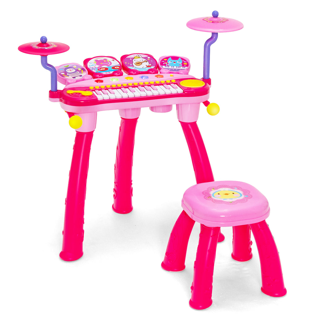 24 Keys Piano Keyboard Drum Set with Stool and Microphone for Kids-Pink