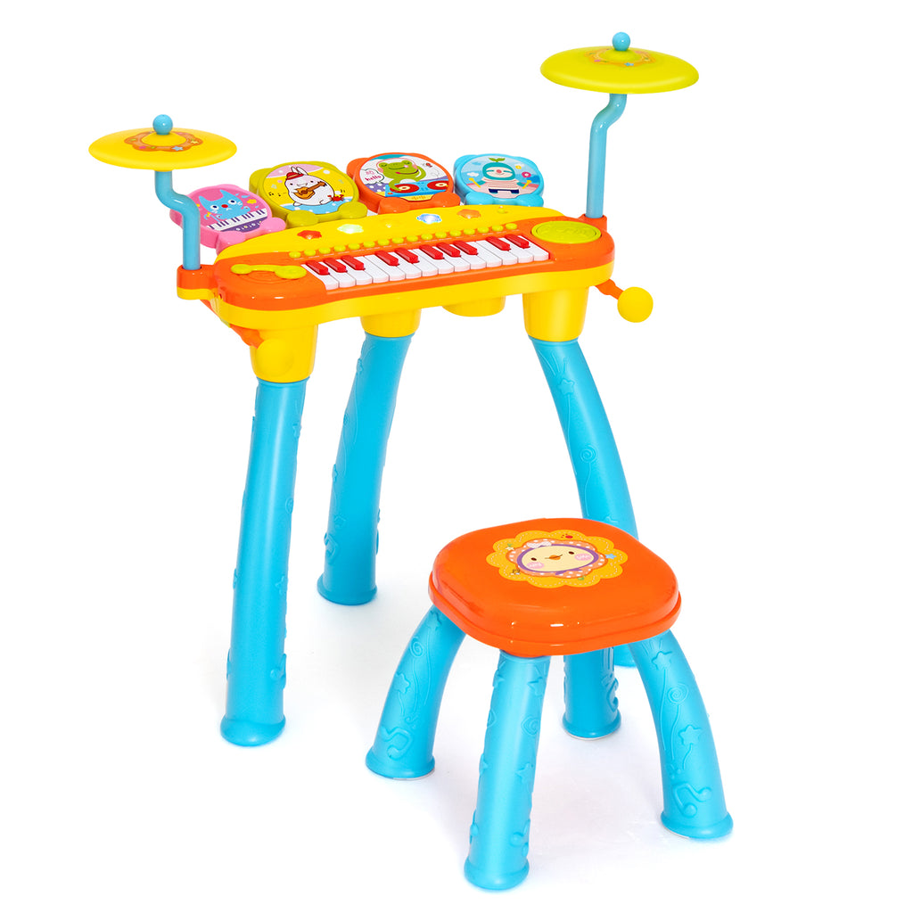 24 Keys Piano Keyboard Drum Set with Stool and Microphone for Kids-Blue