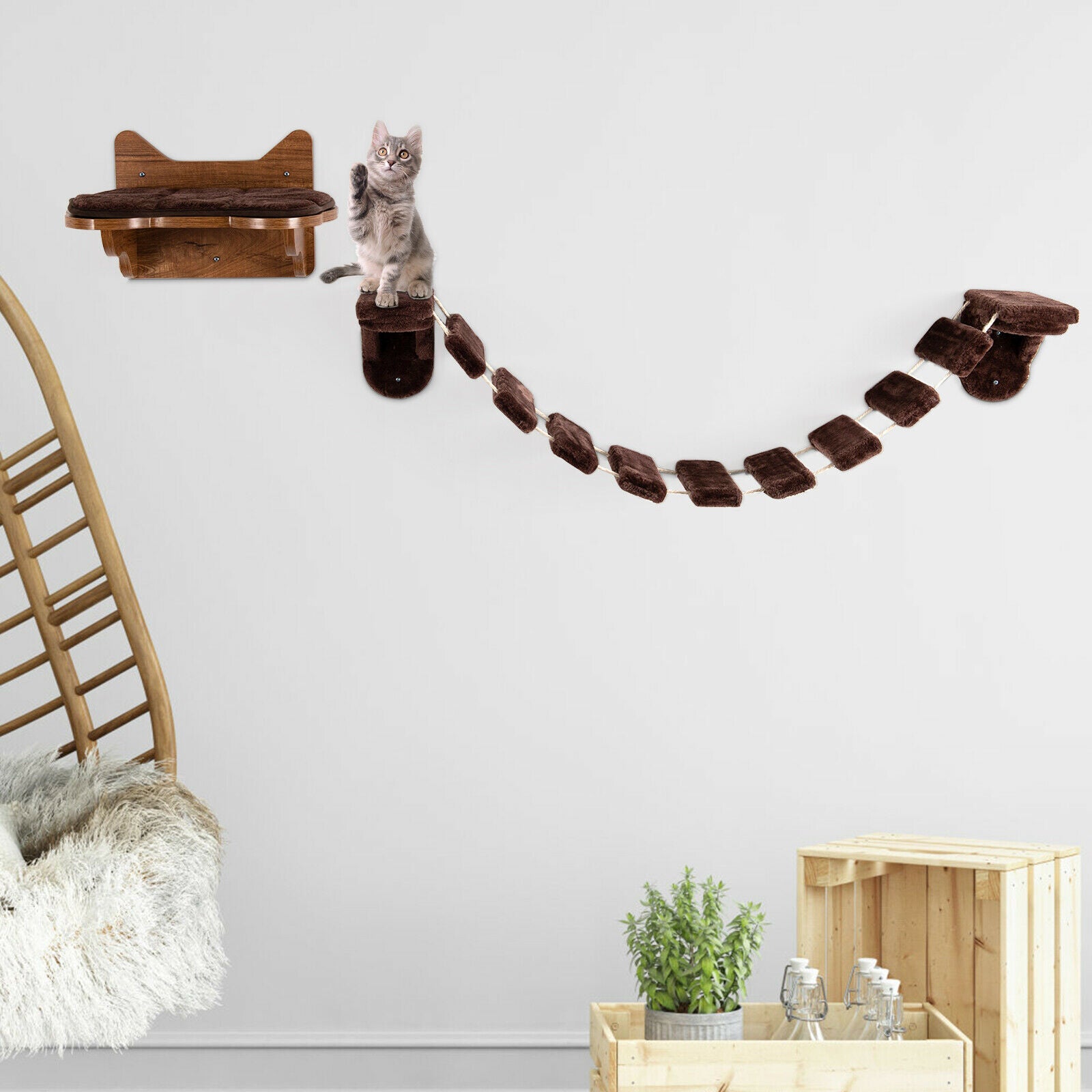 Wall-Mounted Cat Climbing Ladder Shelf Wooden Kitten Bridge Walkway