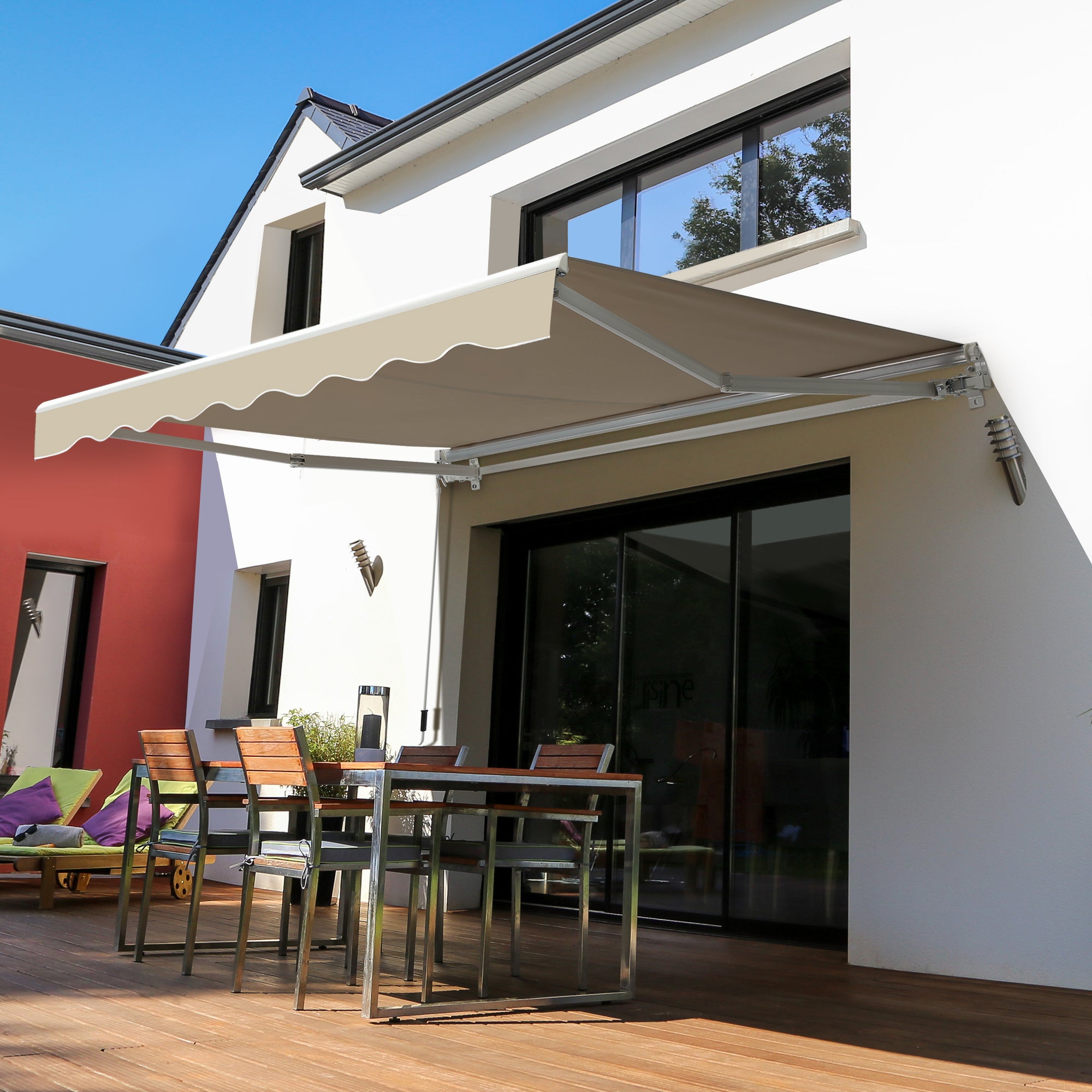 Outsunny 2.5x2 m Manual Retractable Awning-Beige Canopy/White Frame - Inspirely