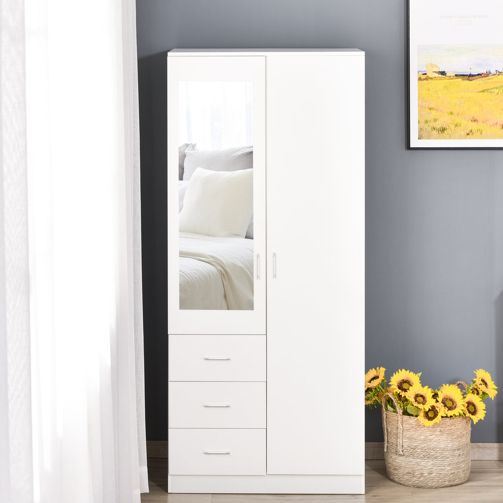 2-Door Wardrobe, Adjustable Shelf 3 Drawers Mirror Home Storage, White - Inspirely
