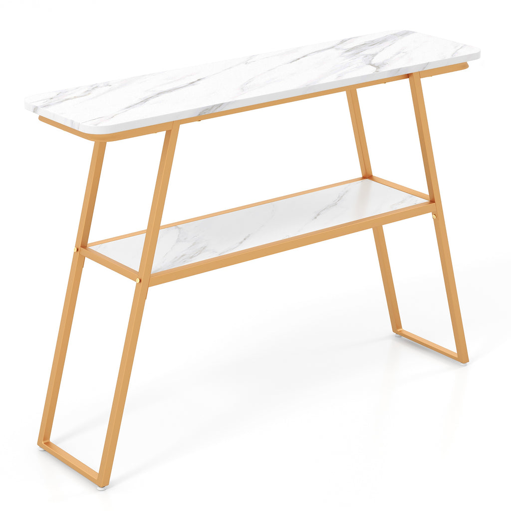 2-Tier Console Table with Open Shelf and Gold Metal Frame-White; Golden
