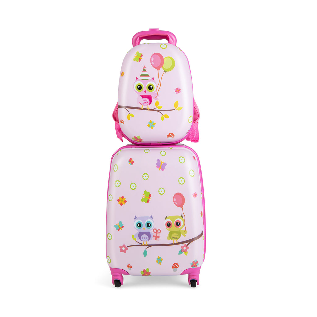 2 Pieces Kids Luggage Set with Wheels and Height Adjustable Handle-Light Pink