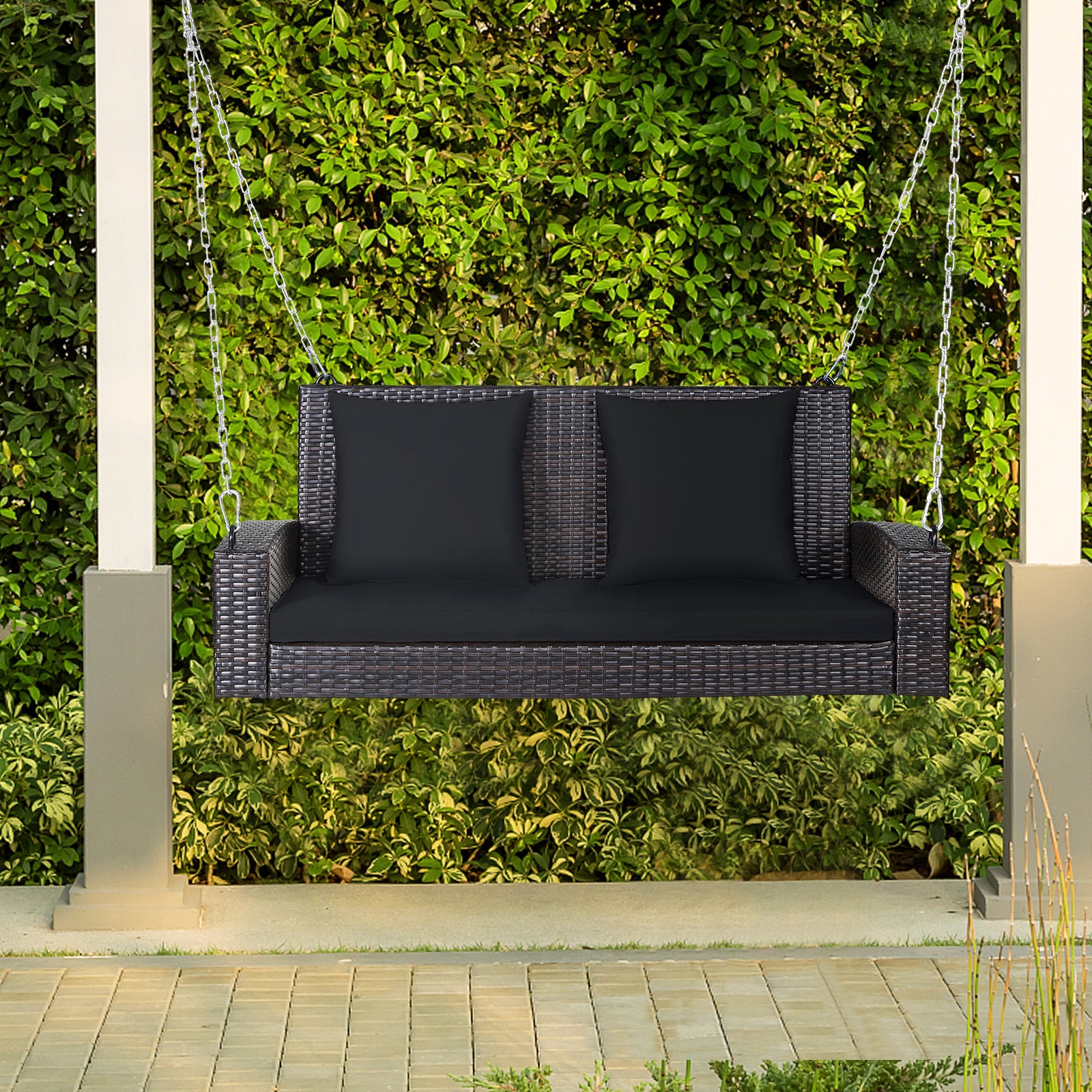 2-Seat Patio Rattan Porch Swing with Two Solid Steel Chains-Black