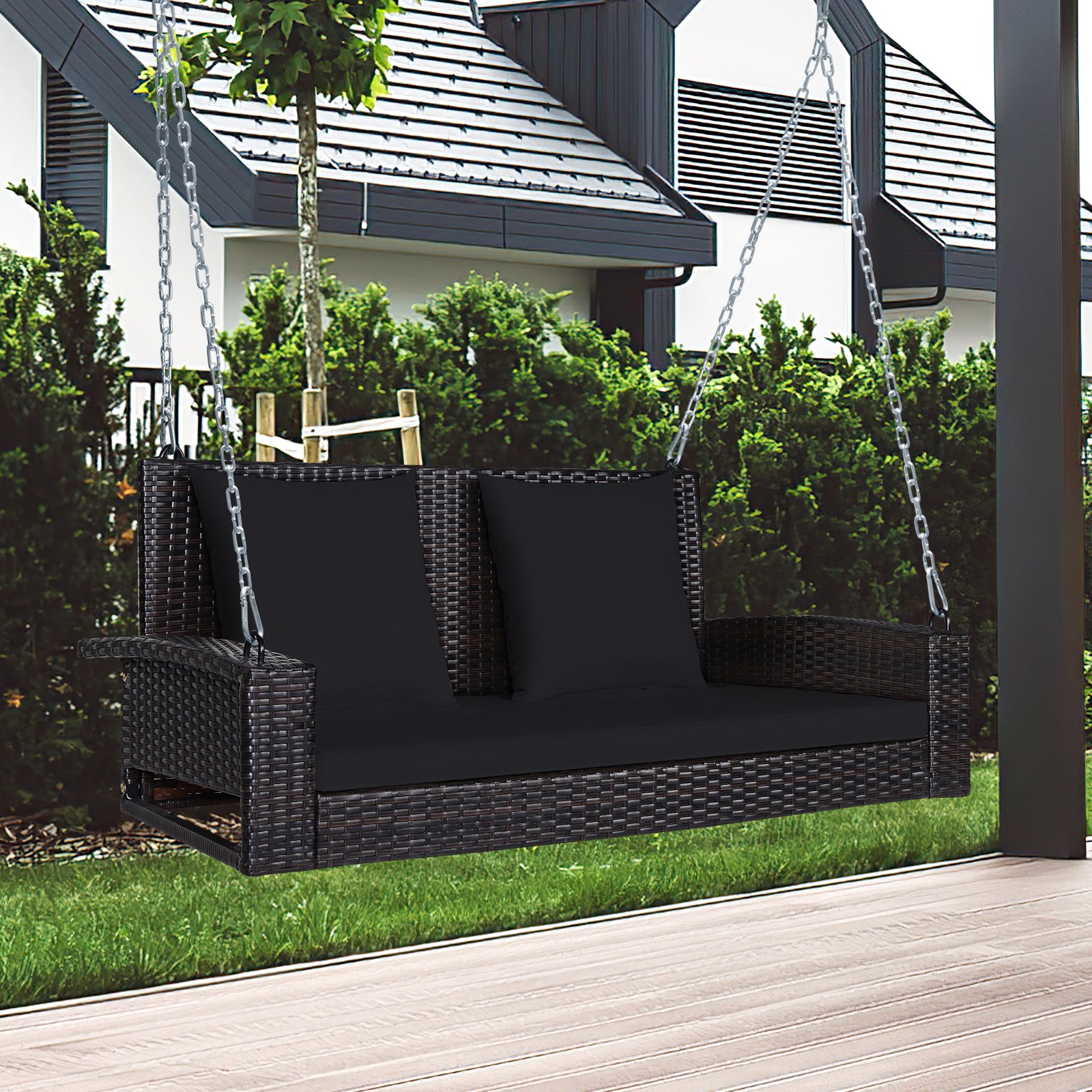 2-Seat Patio Rattan Porch Swing with Two Solid Steel Chains-Black
