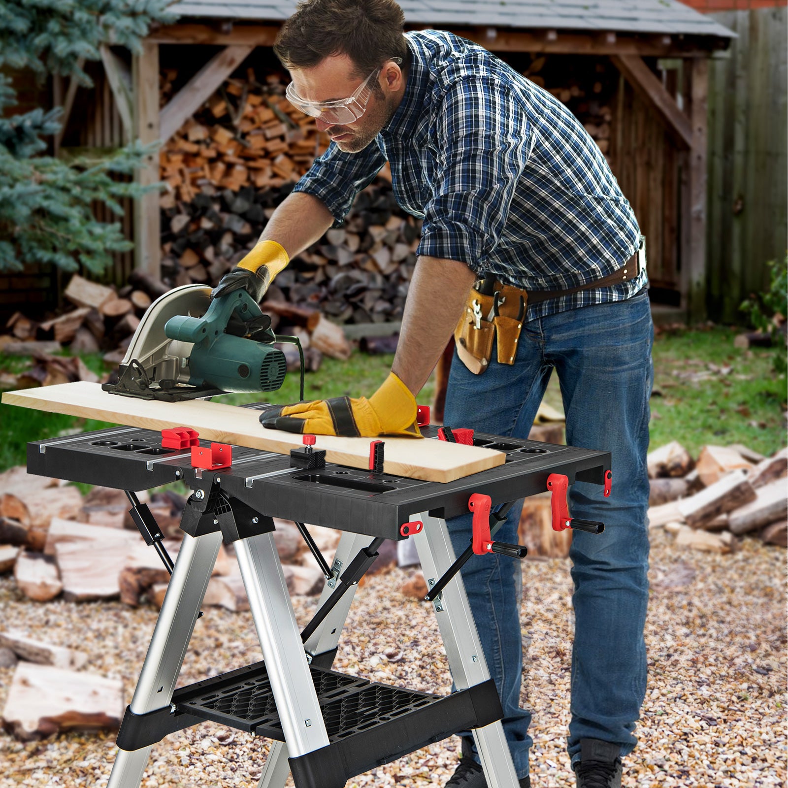 2 in 1 Portable Folding Work Bench Sawhorse Worktable with Adjustable Height-Red