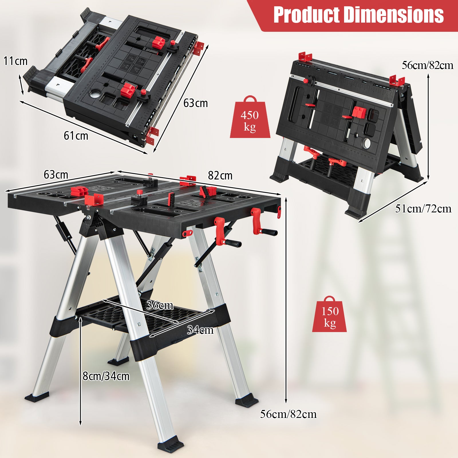 2 in 1 Portable Folding Work Bench Sawhorse Worktable with Adjustable Height-Red